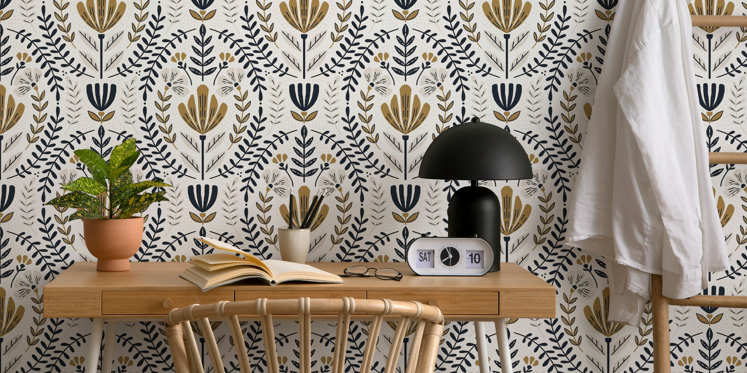 Beige floral wallpaper with black and gold leaf patterns