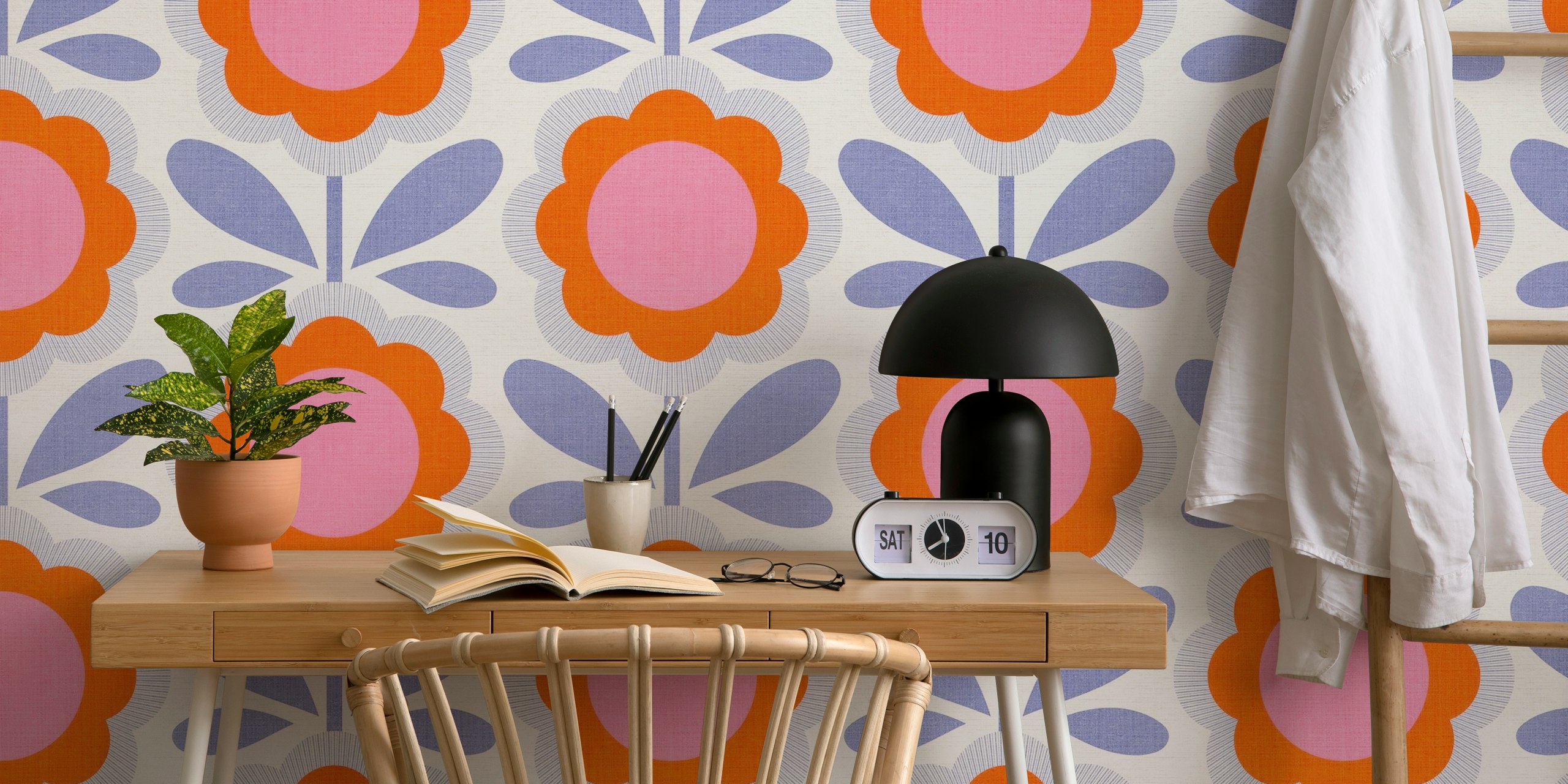 Retro daisy flowers wallpaper in a room