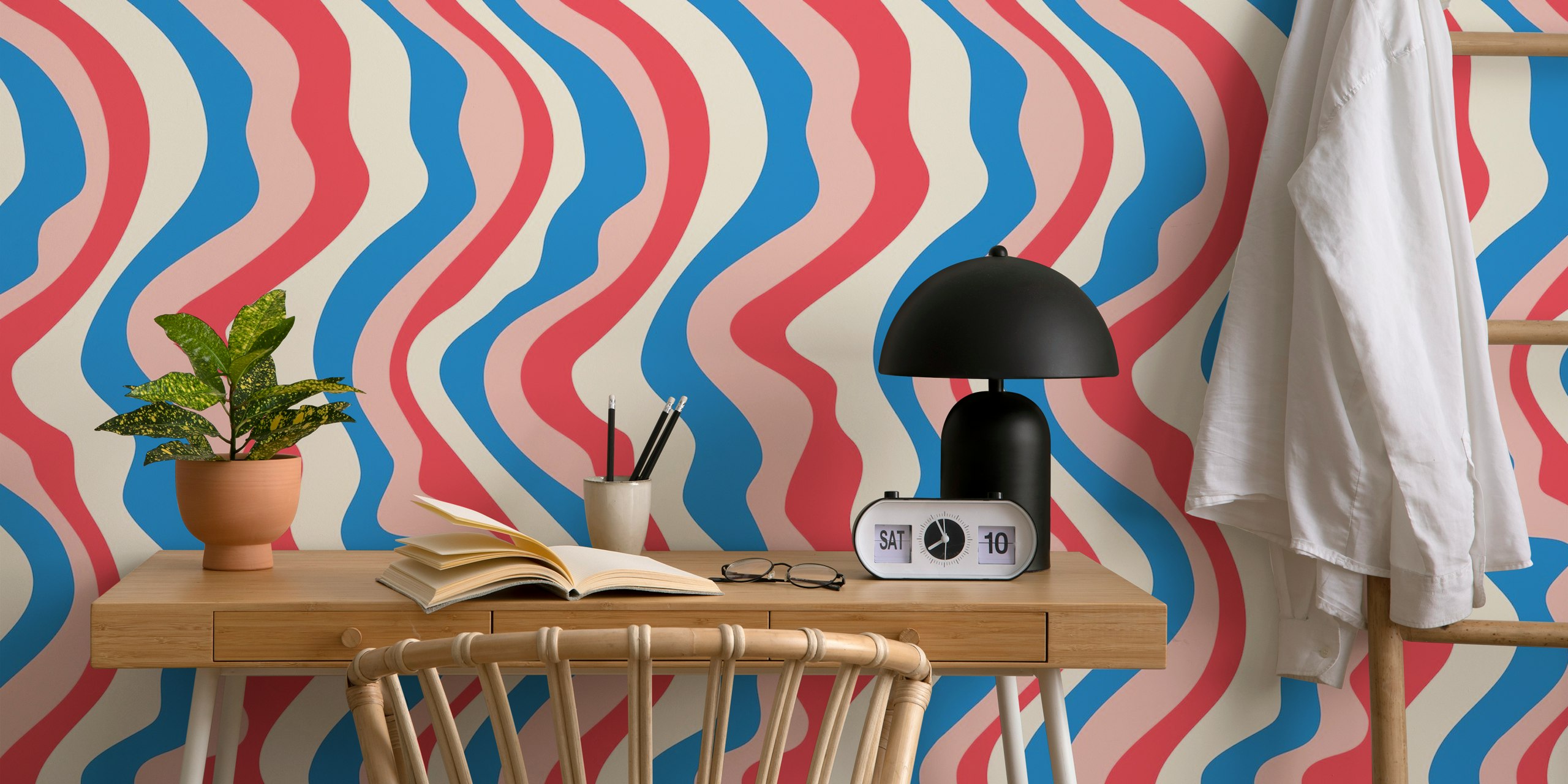 Wavy stripes in red, blue, and pink on cream background wallpaper