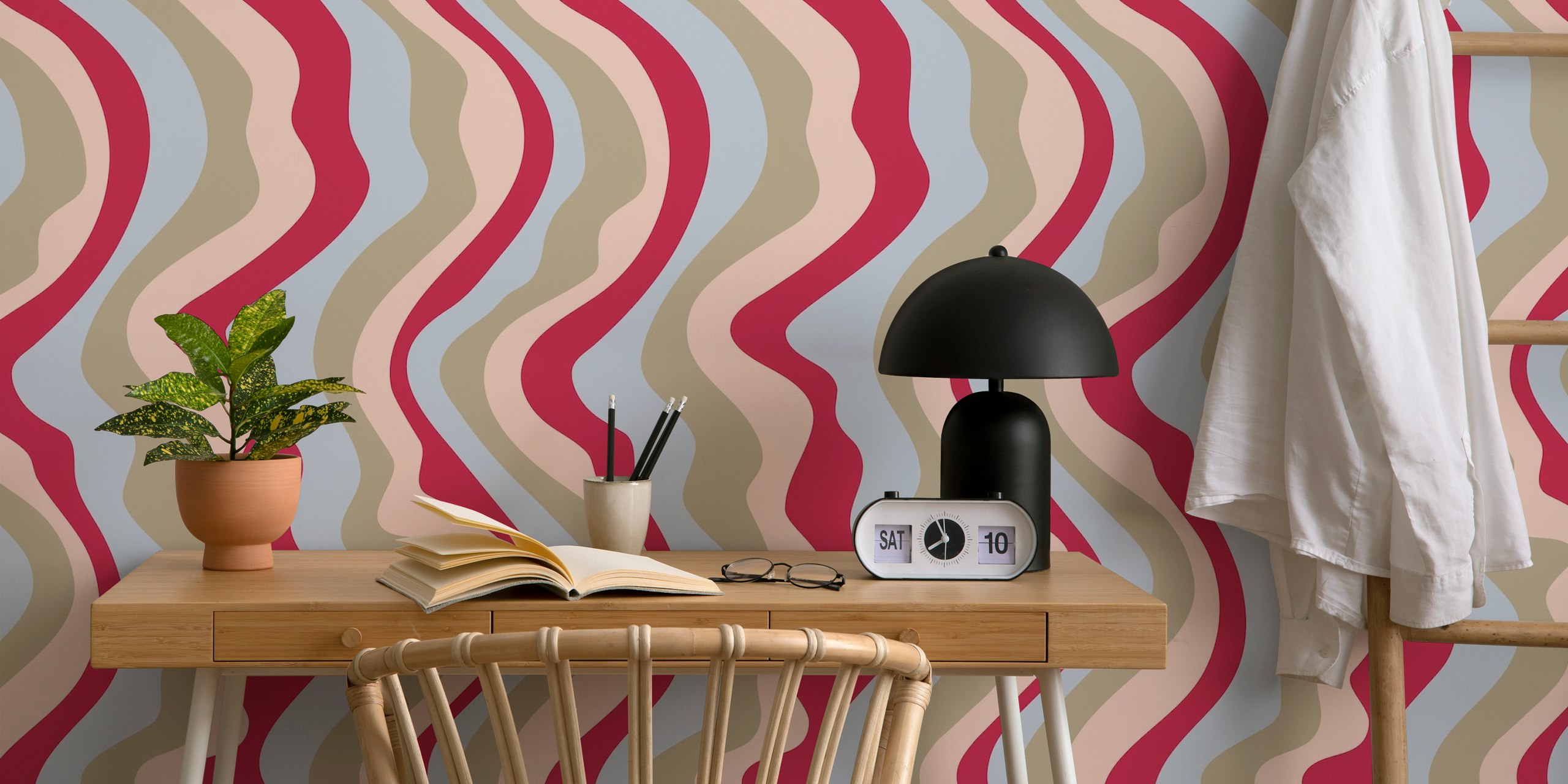 Wavy stripes in magenta red, beige, and blue wallpaper