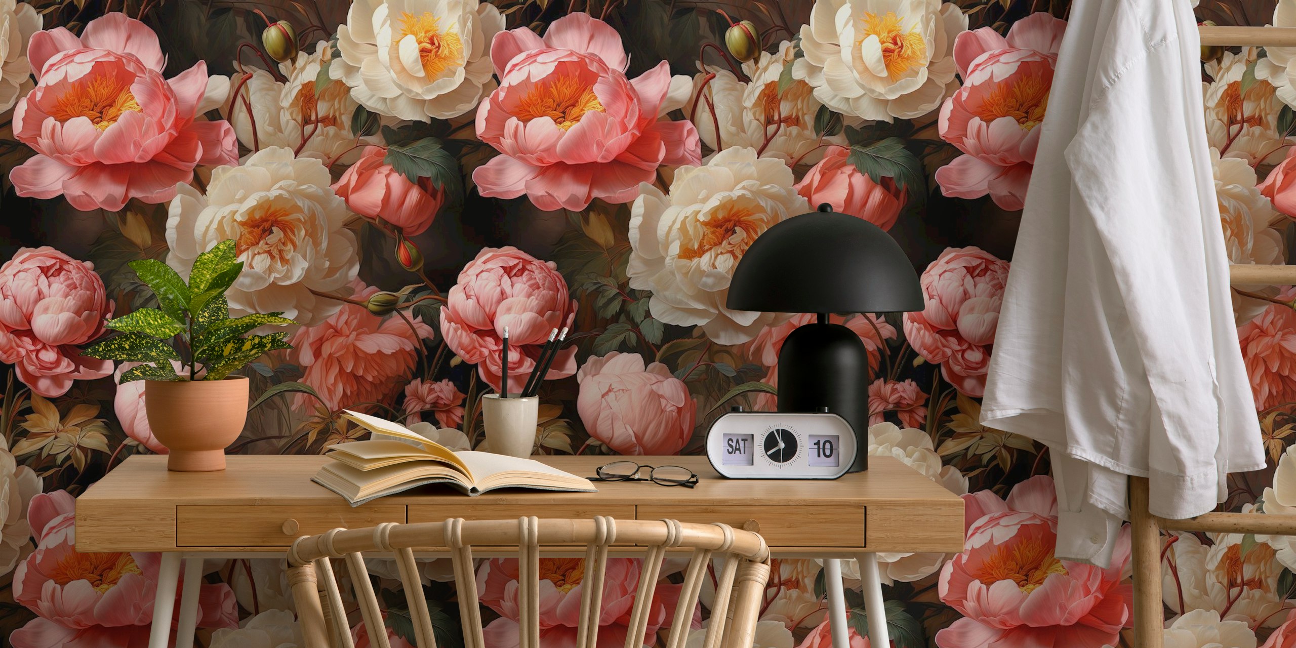 Lush pink and ivory peonies on a dark background wall mural
