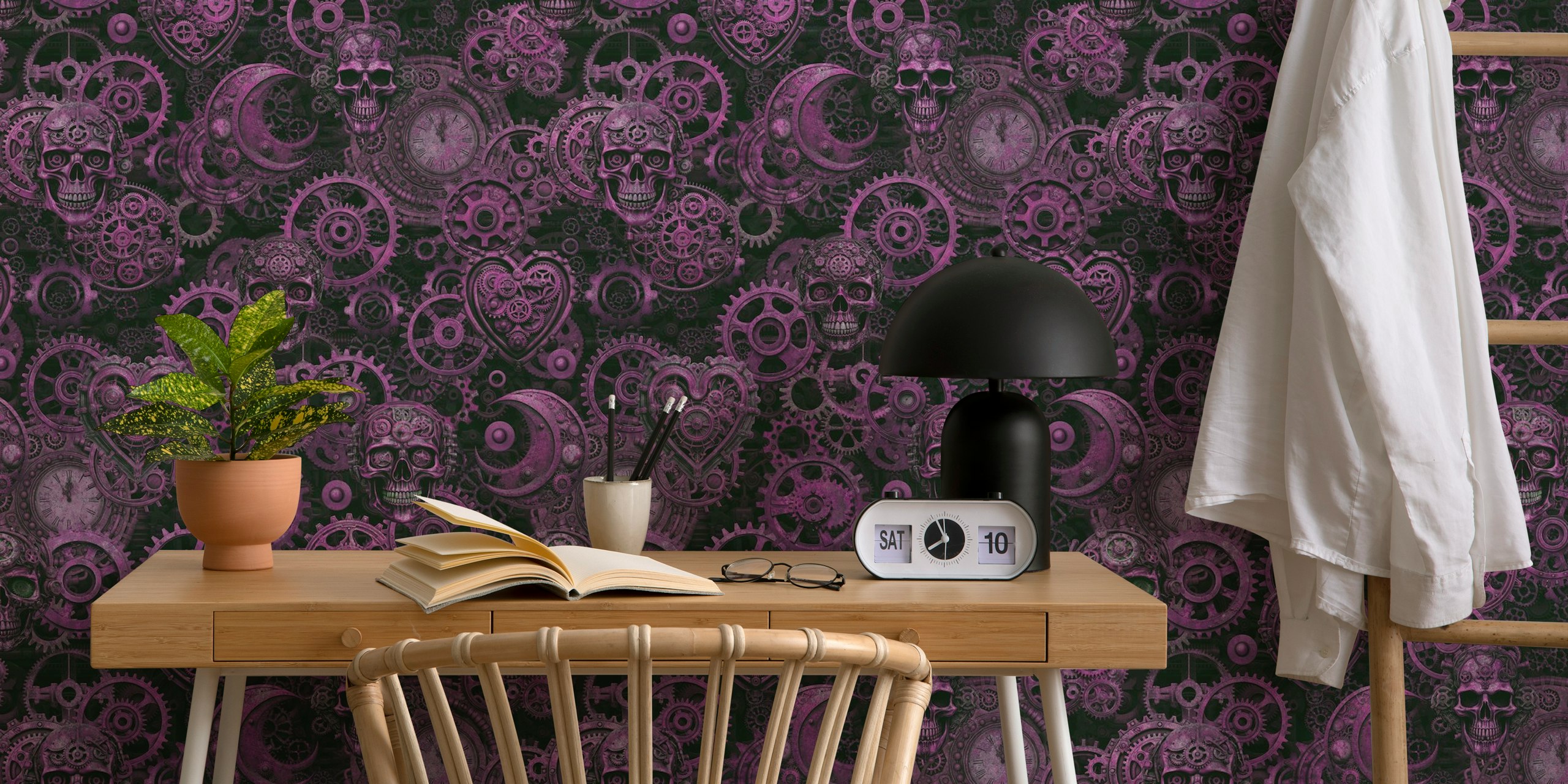 Intricate rusty steampunk gears and skulls in shades of pink and purple for a gothic vibe wall mural