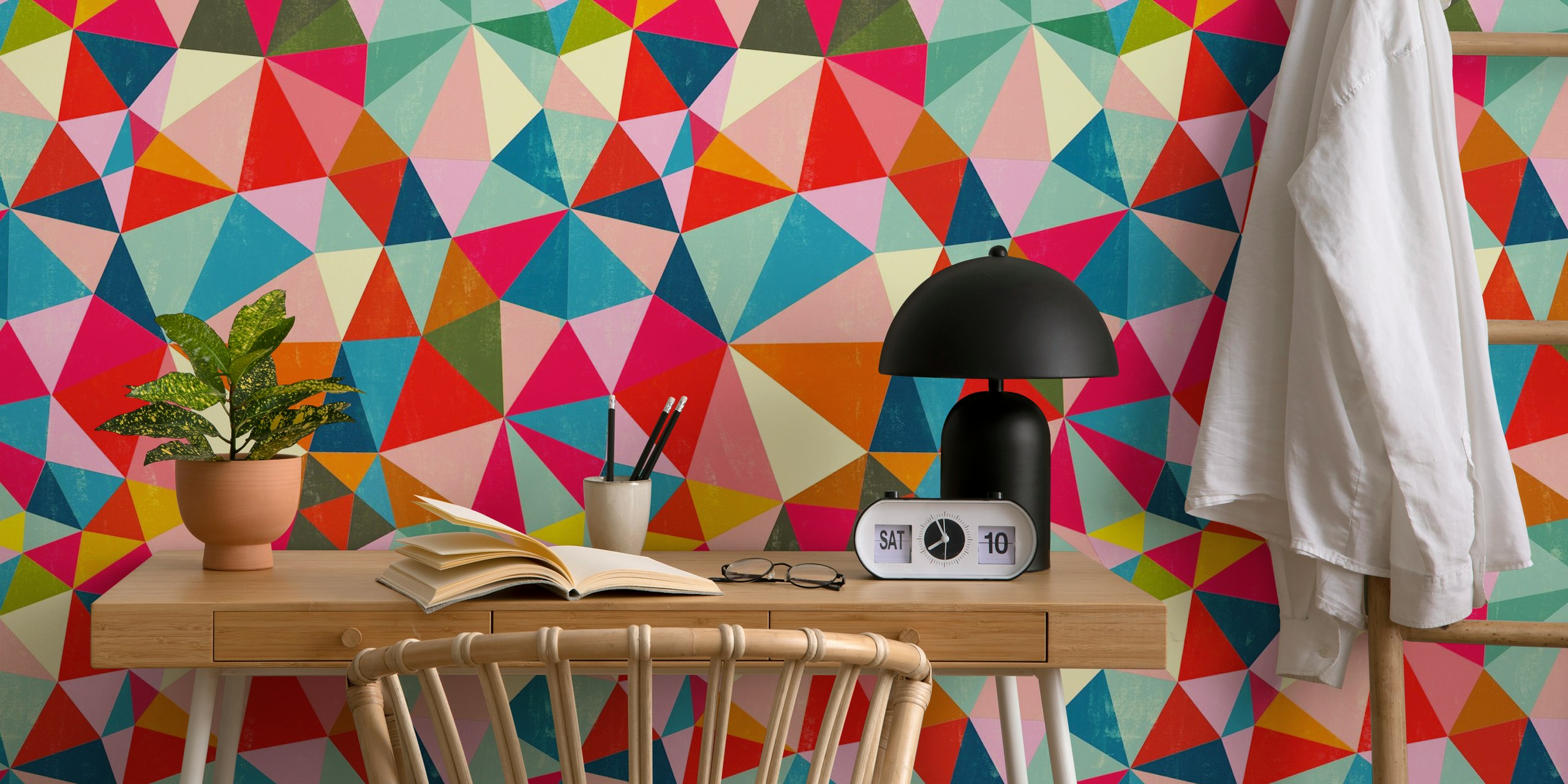 Colorful triangle pattern in pink, blue, yellow, and green wallpaper