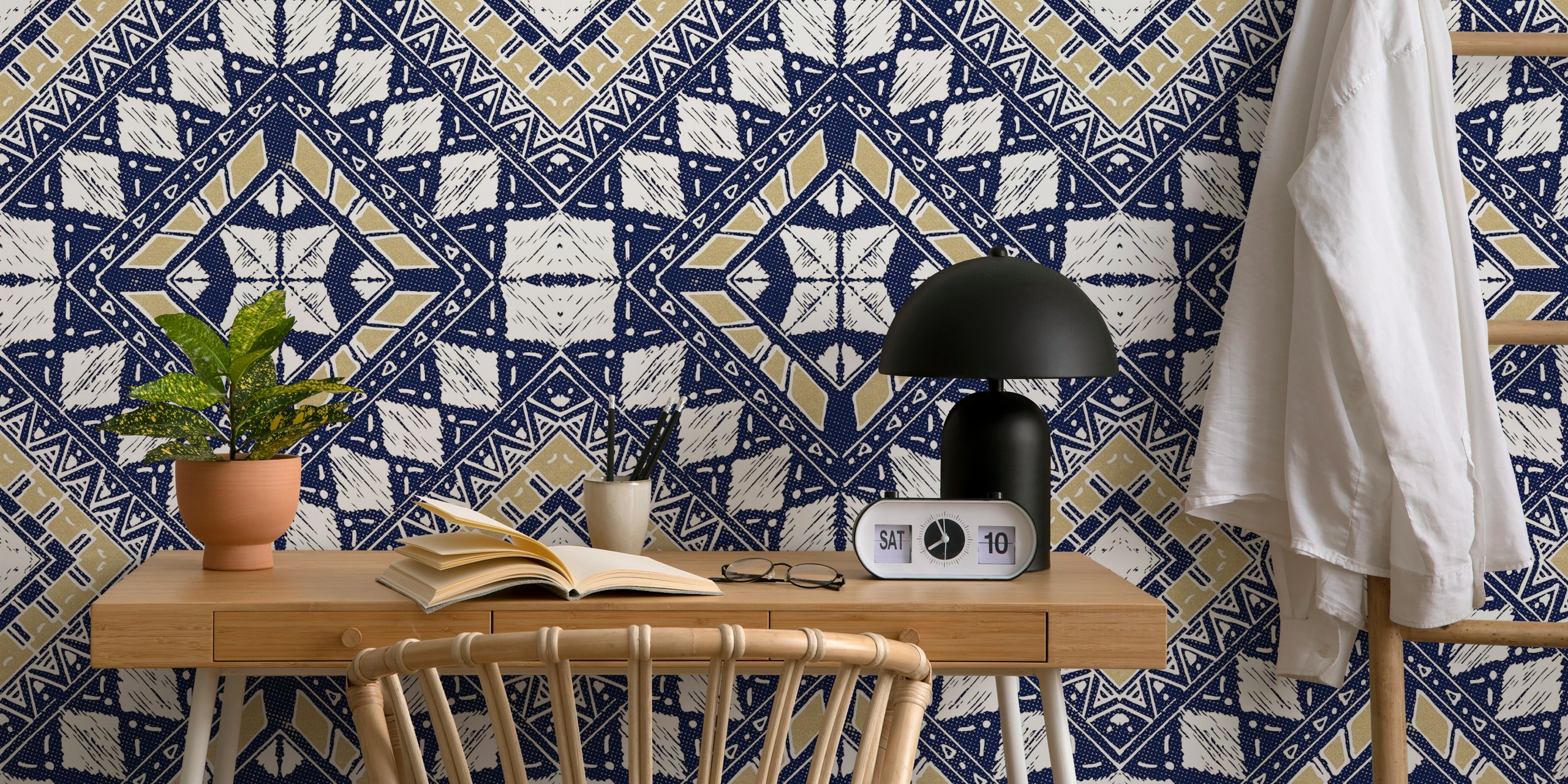 Geometric tribal pattern in navy blue and gold colors wallpaper