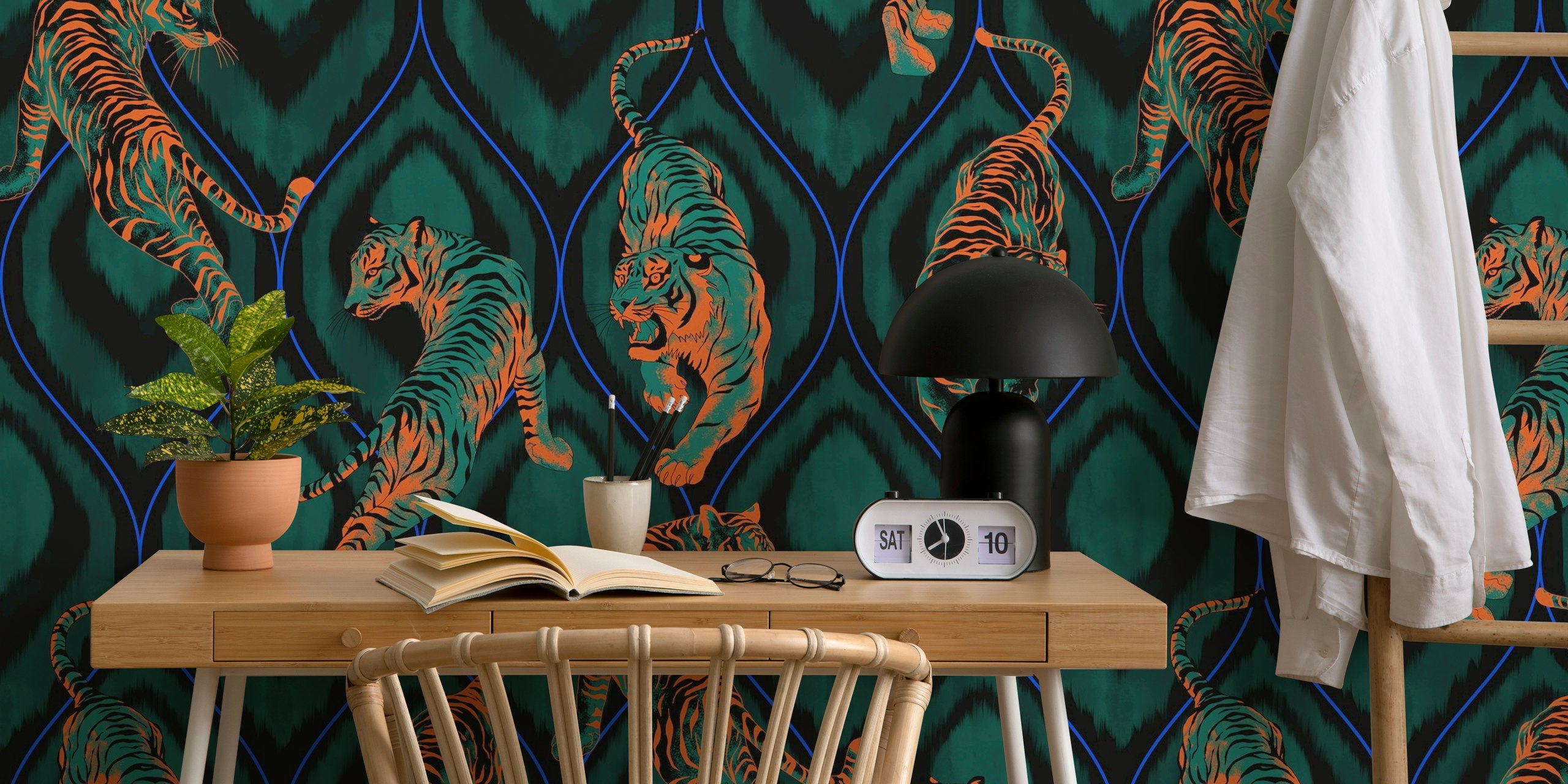Tigre noir et orange sur motif teal, wallpaper