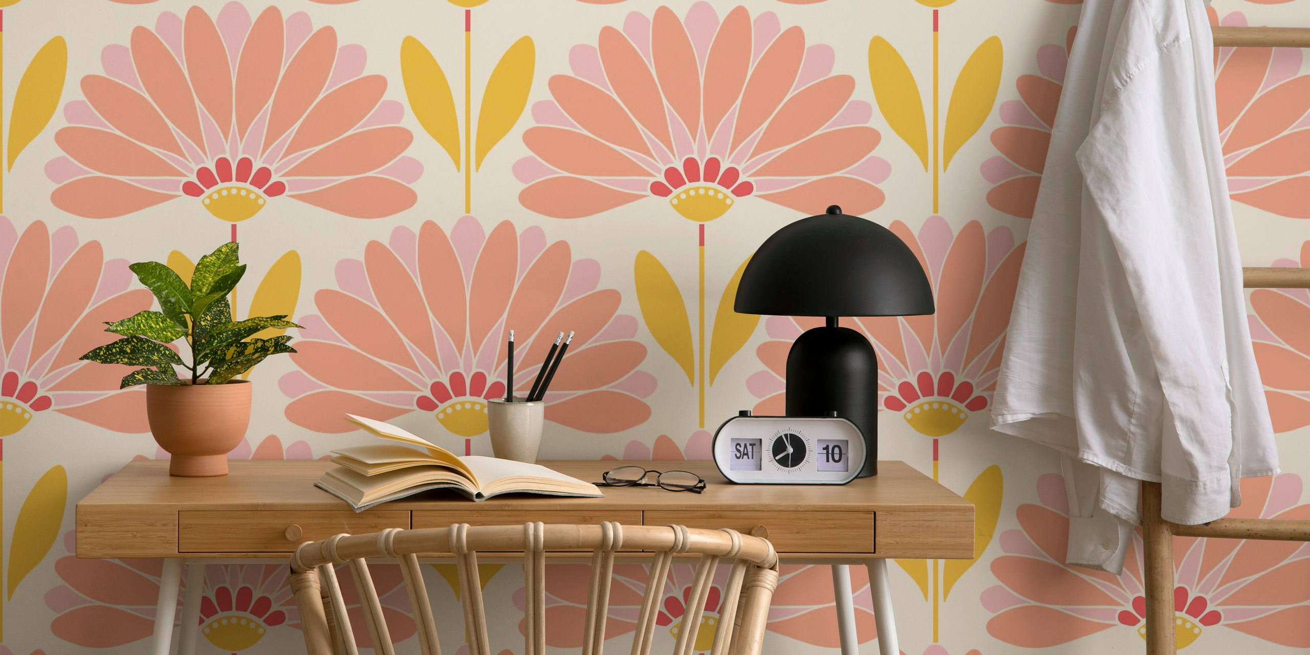 Peach and yellow daisy flowers with leaves wallpaper