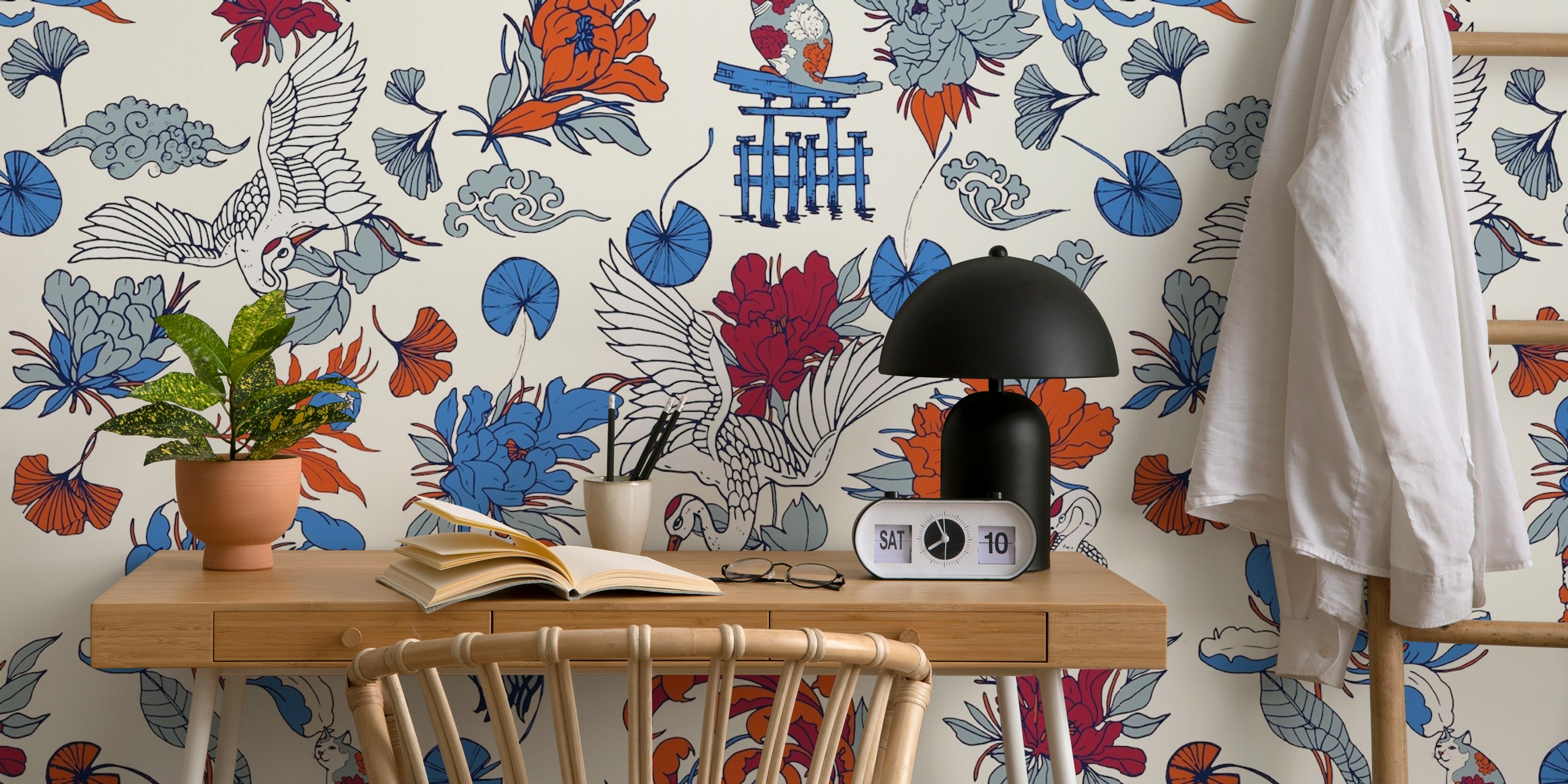 Colorful floral and crane patterns in red, blue, and gray wallpaper
