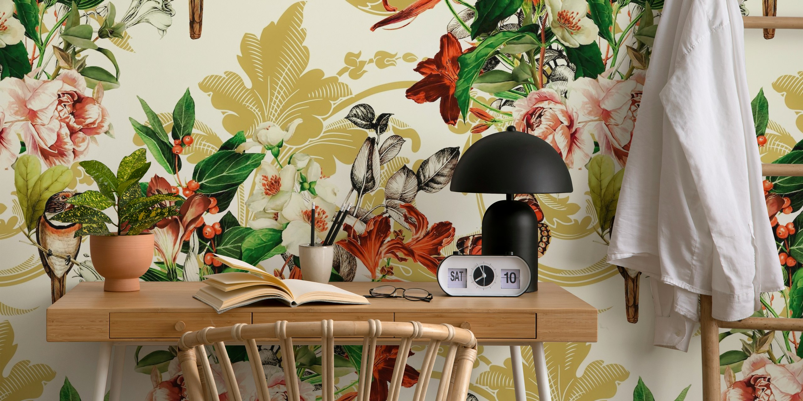 Floral wallpaper with birds, flowers, and butterflies in vibrant colors