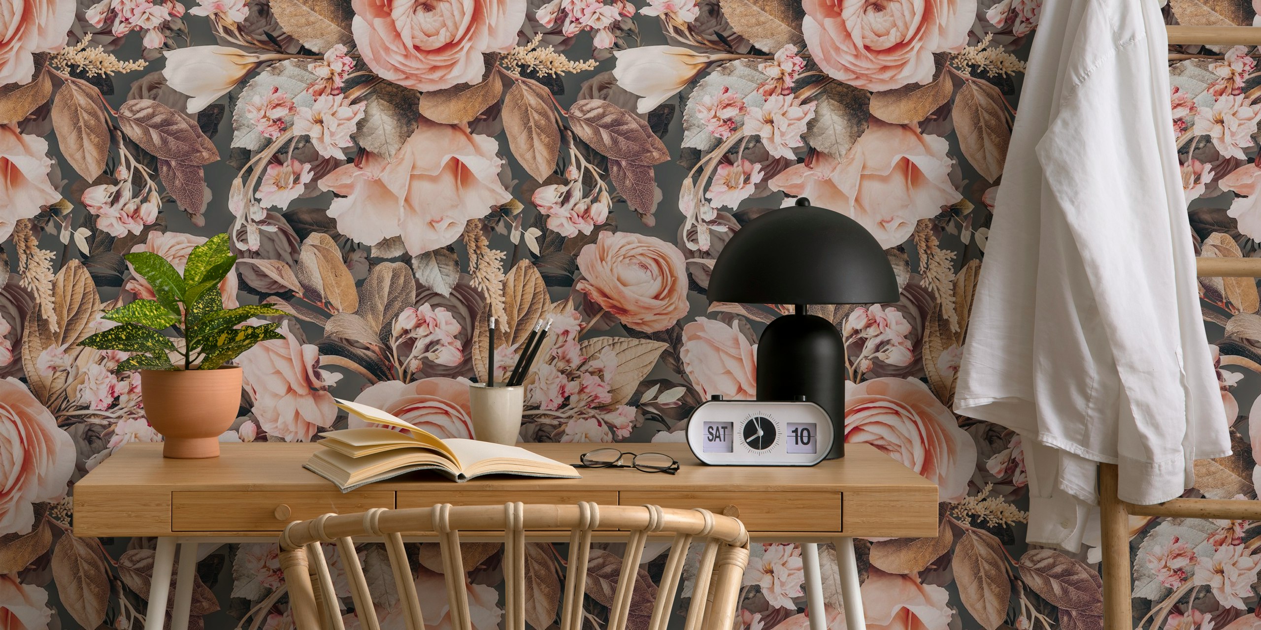 Ethereal Rose Oasis wall mural with soft pink roses on a dark background