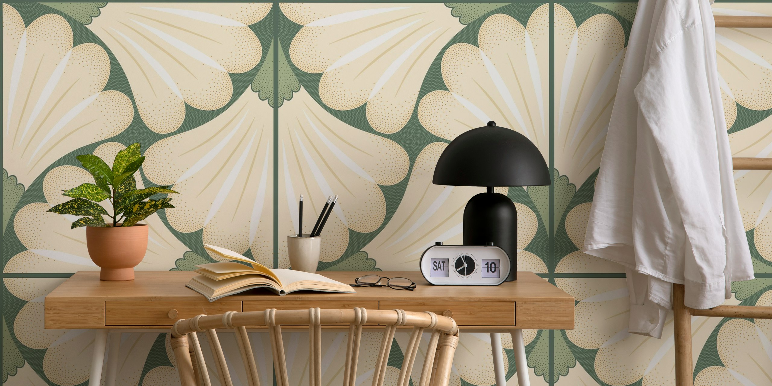 Stylized floral pattern wall mural in offwhite and green, reminiscent of classic tile design