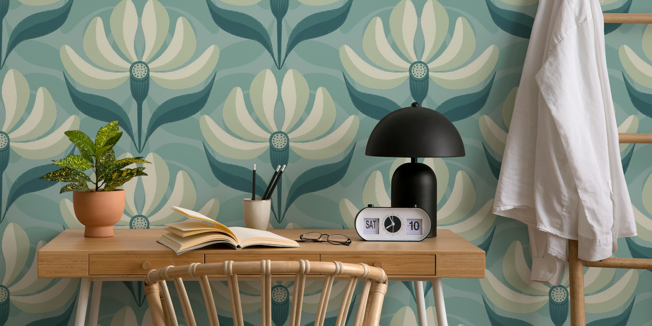 Geometric floral pattern wall mural in ice blue and teal colors, with a retro design