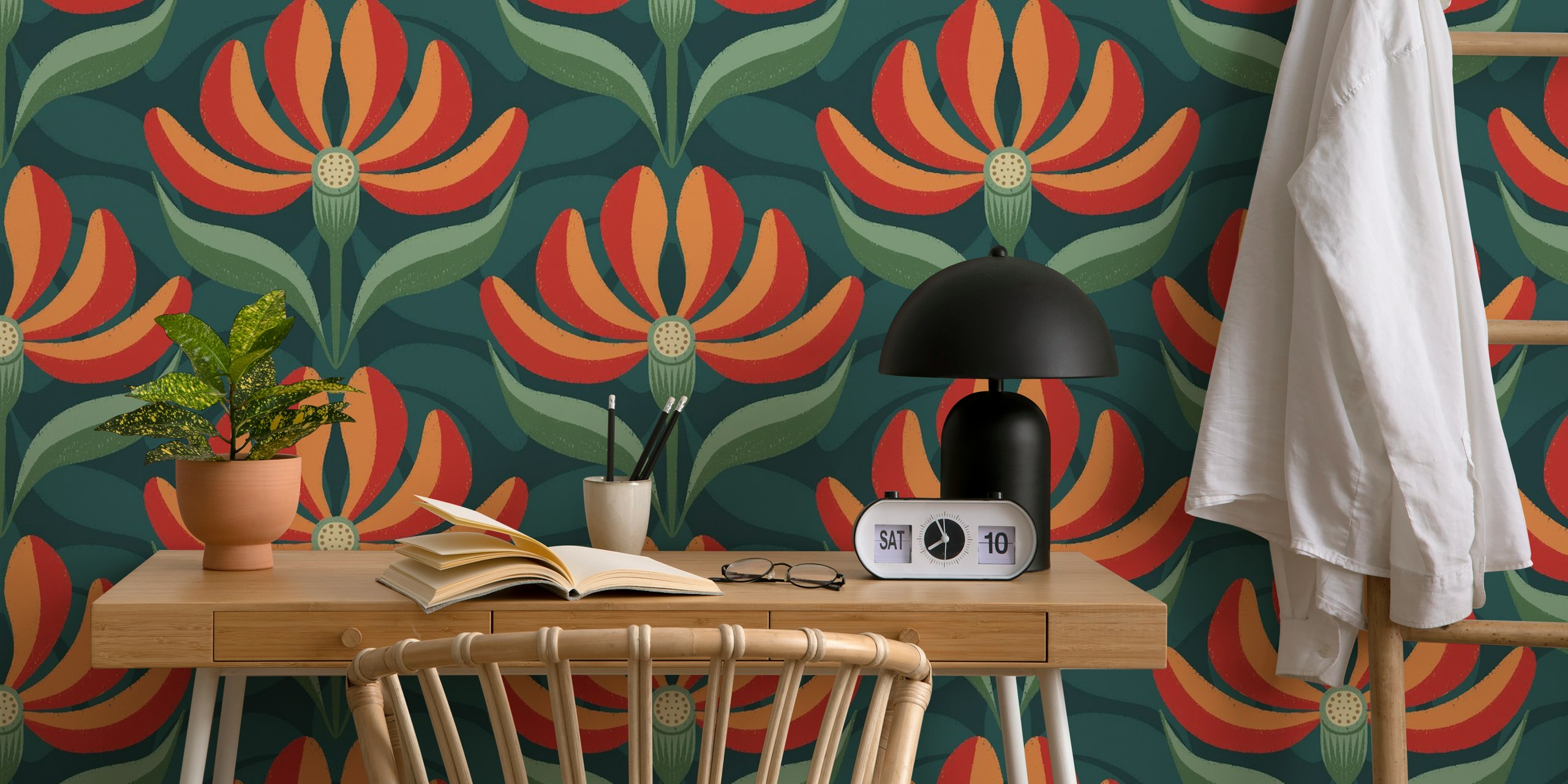 retro-style geometric floral pattern wall mural in teal, green, red, and orange