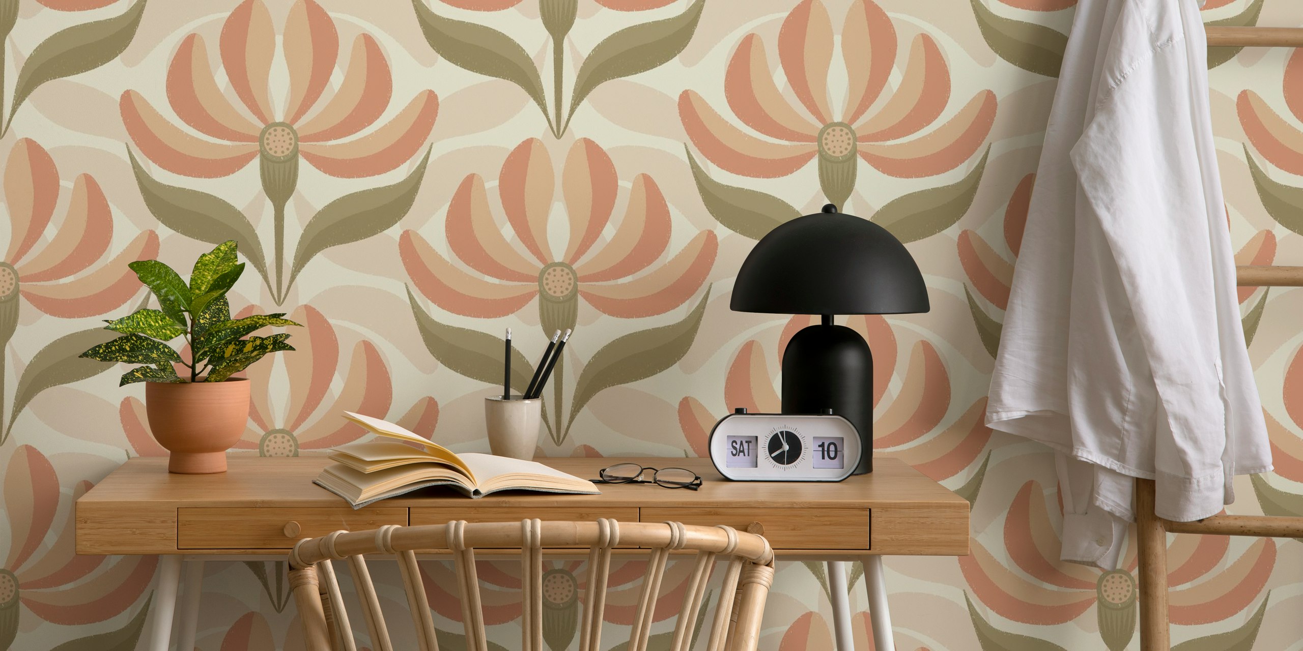 Retro Geometric Floral wallpaper in a room.