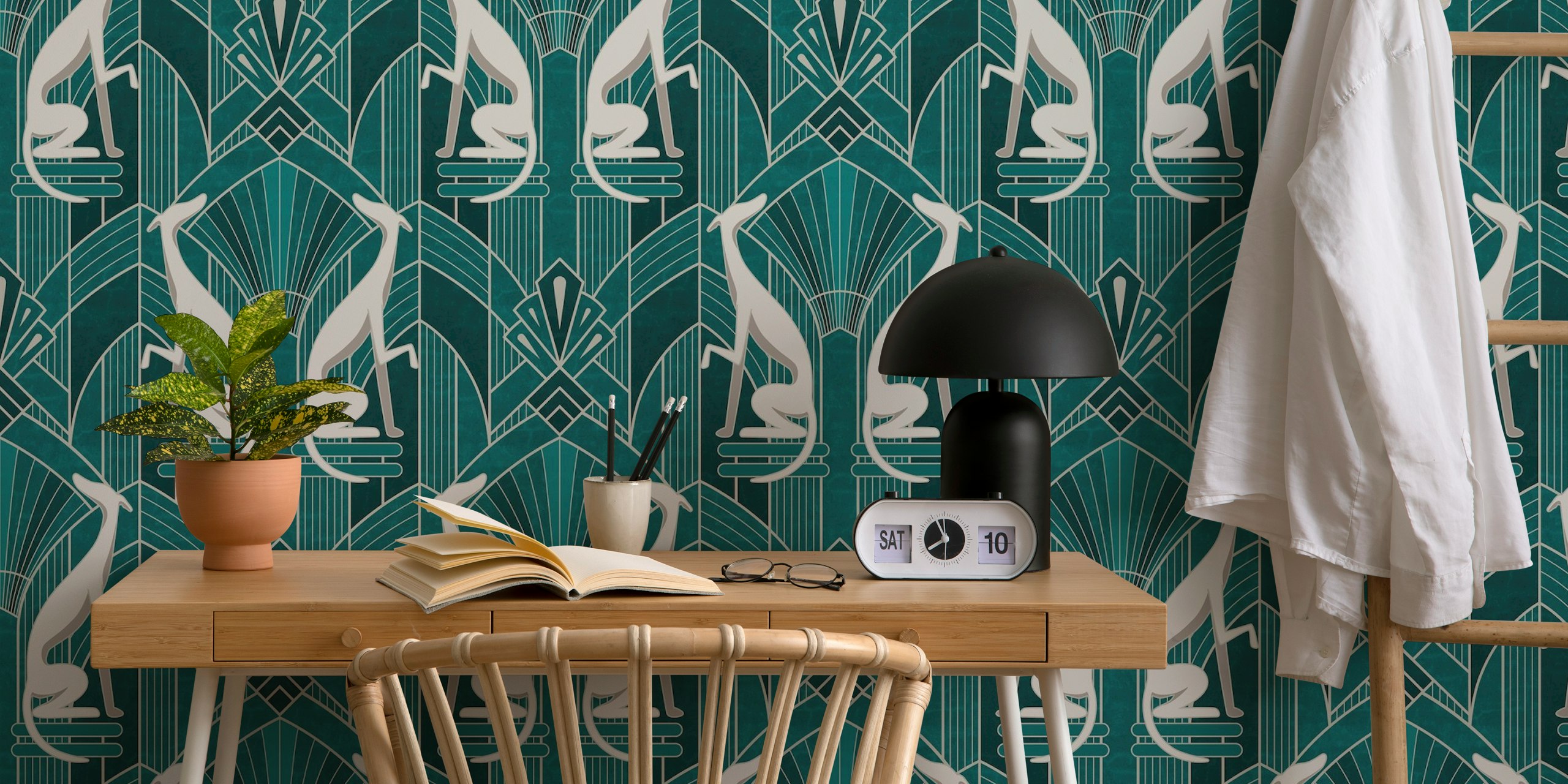 Art Deco Gray Grayhound wallpaper in a room