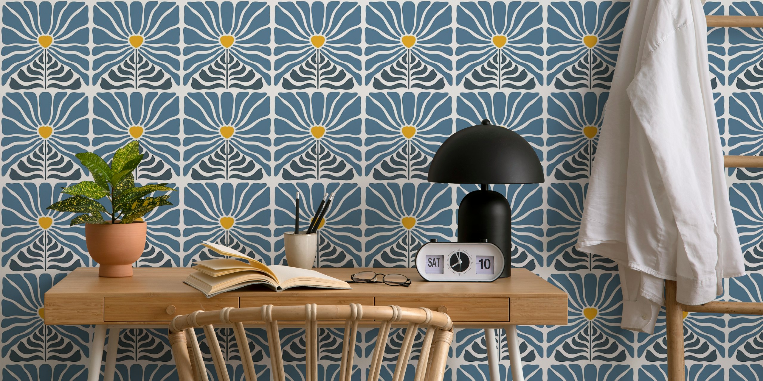 Vintage-inspired wall mural featuring blue flowers with yellow centers on a retro patterned background