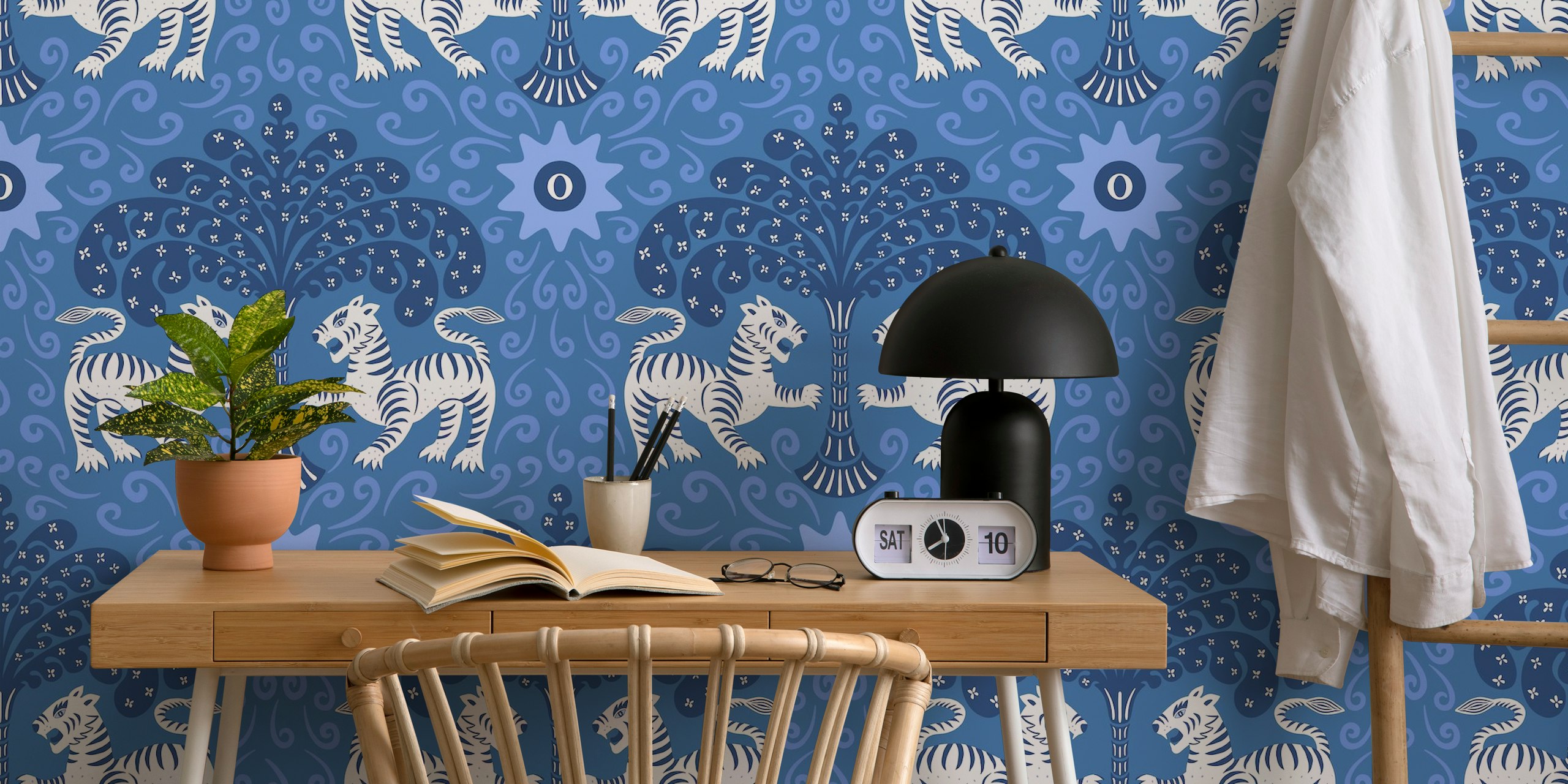 Blue and white tribal tiger pattern wall mural