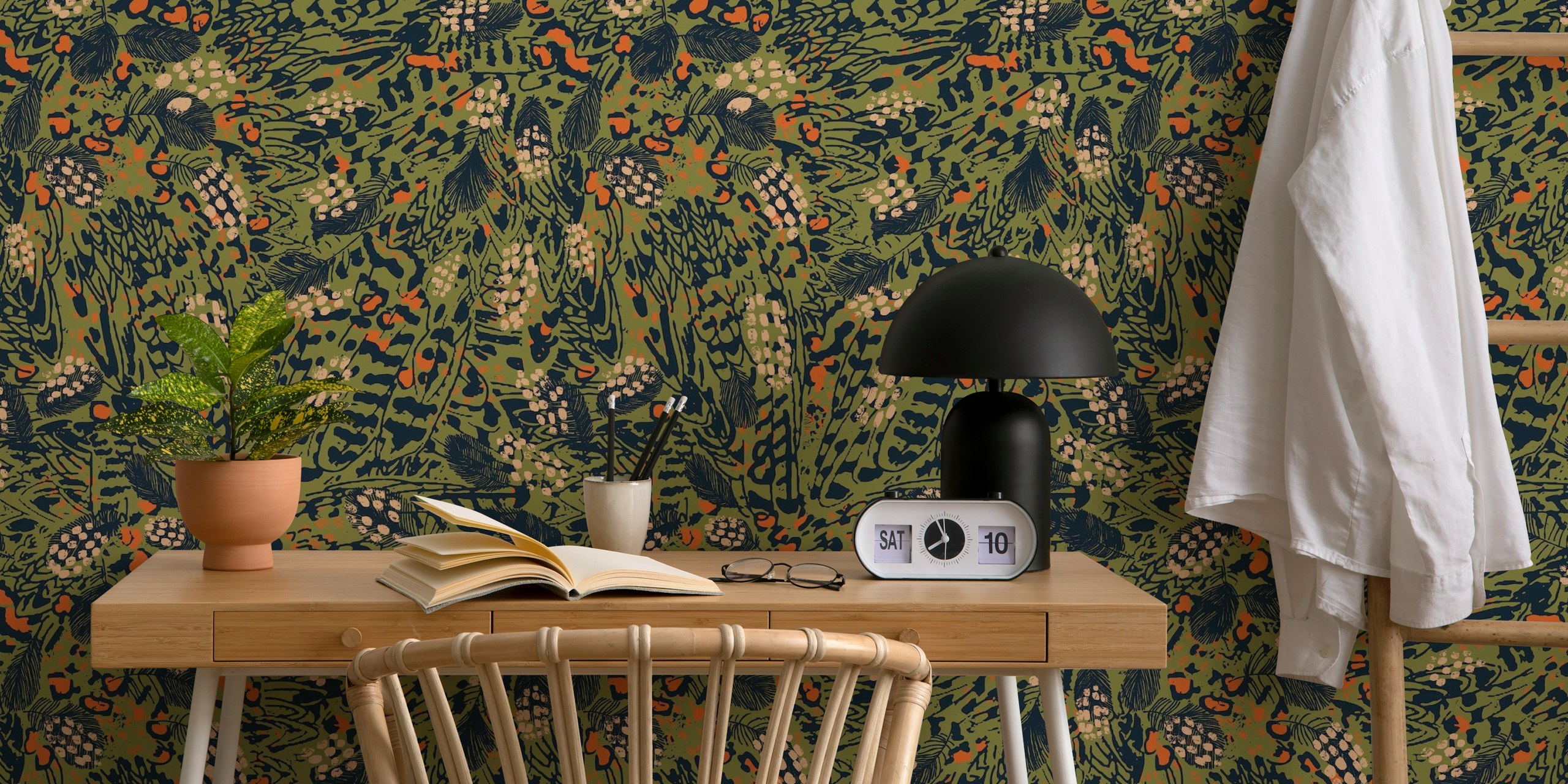Animal Print Green Camouflage vægmaleri med tropiske blade og abstrakte mønstre