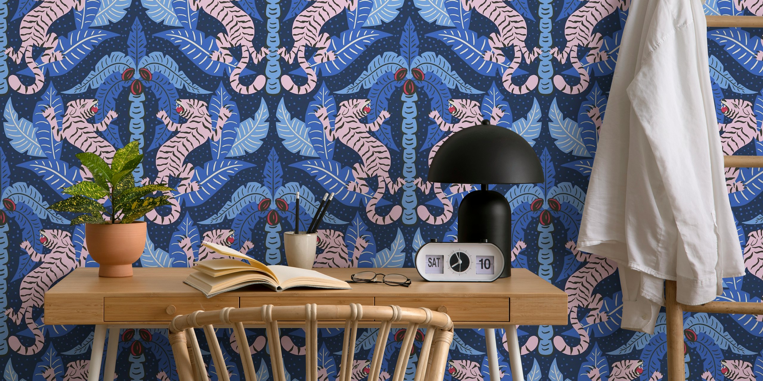 Pink tigers and blue palm leaves on dark background wallpaper