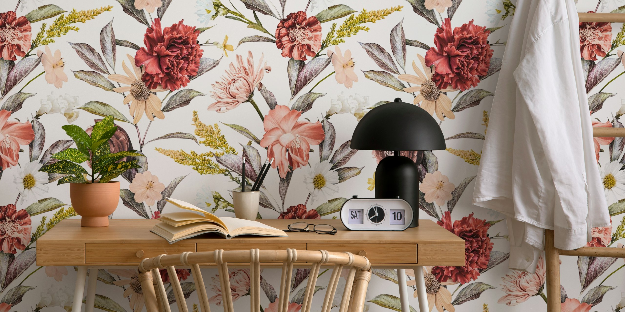 Elegant Baroque-style floral tapestry wall mural with lush flowers and foliage.