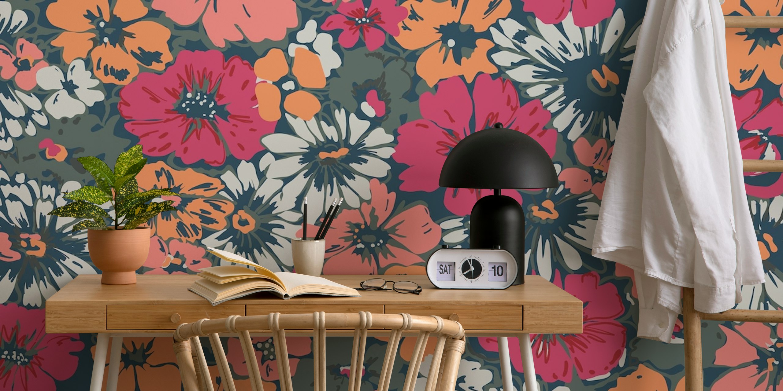 Colorful floral pattern with pink, orange, and white flowers on a navy blue background wallpaper