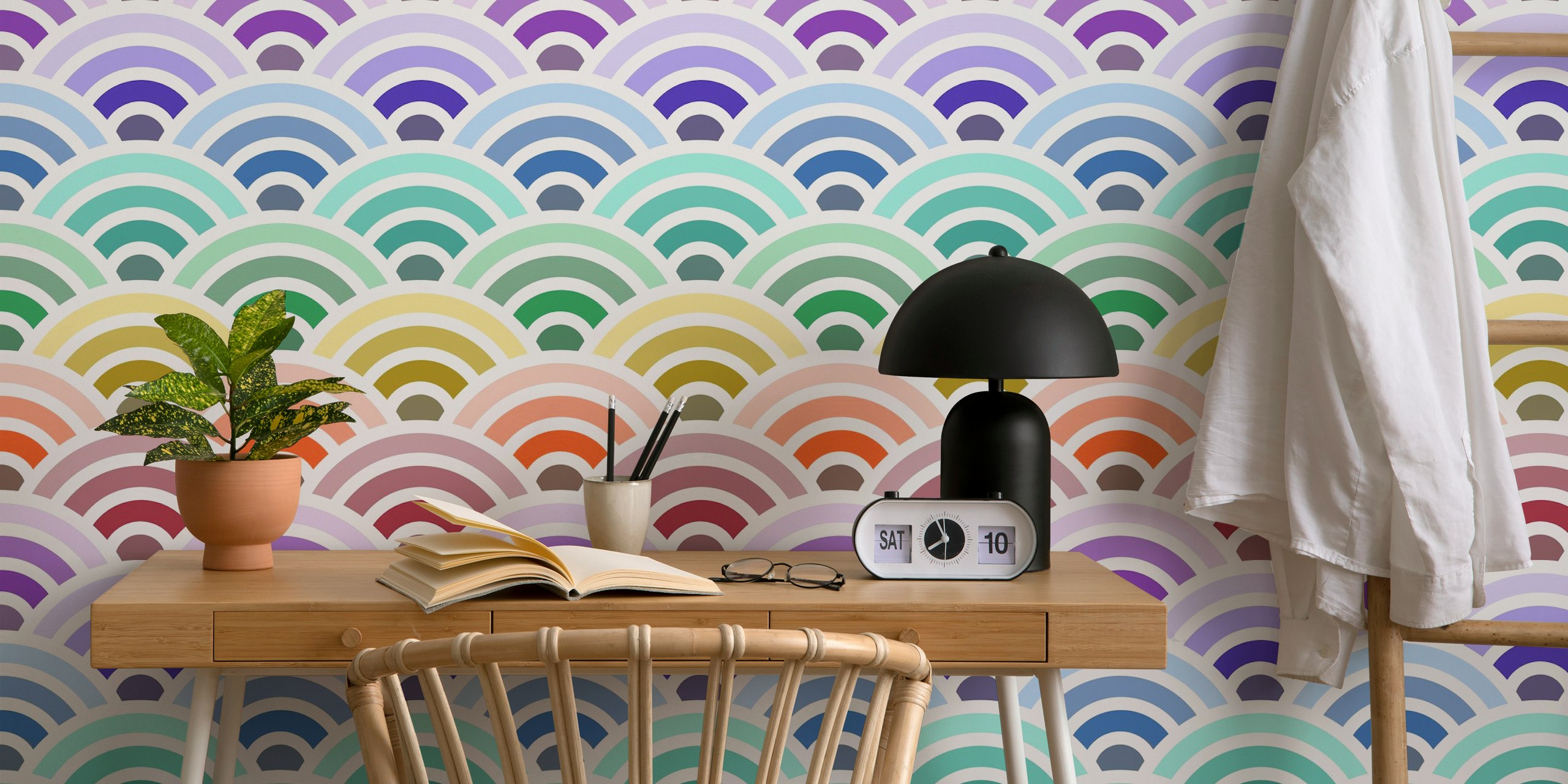 Colorful Seigaiha wave pattern in rainbow shades wallpaper