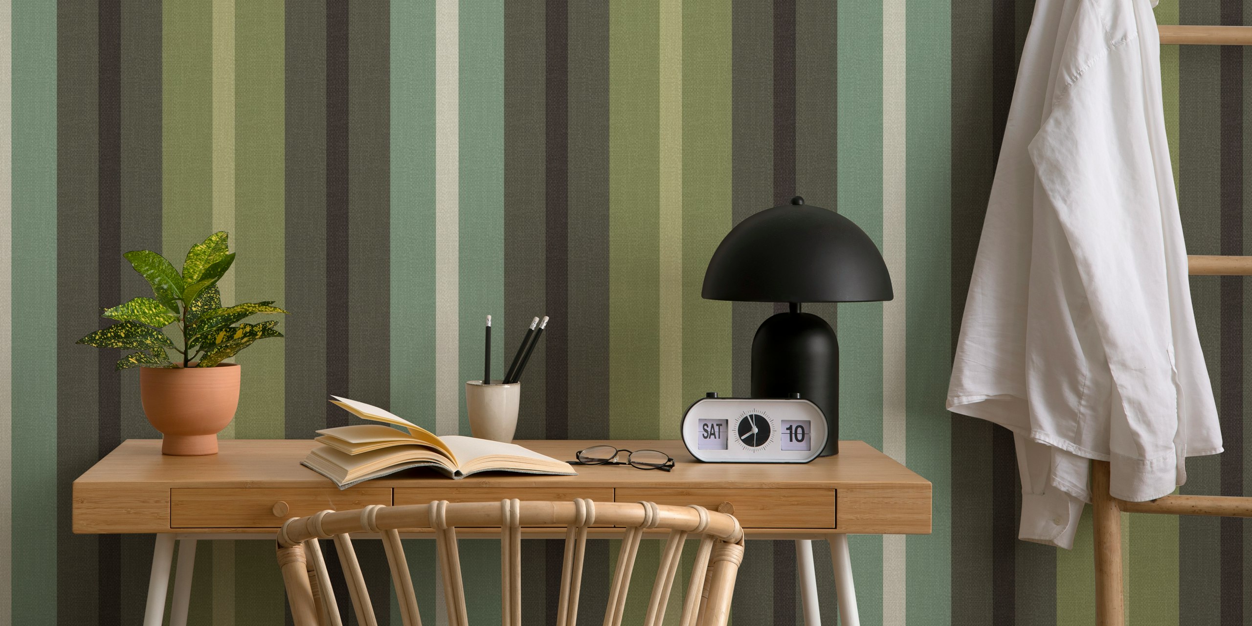 Green burlap textured stripe wall mural with varying shades of green