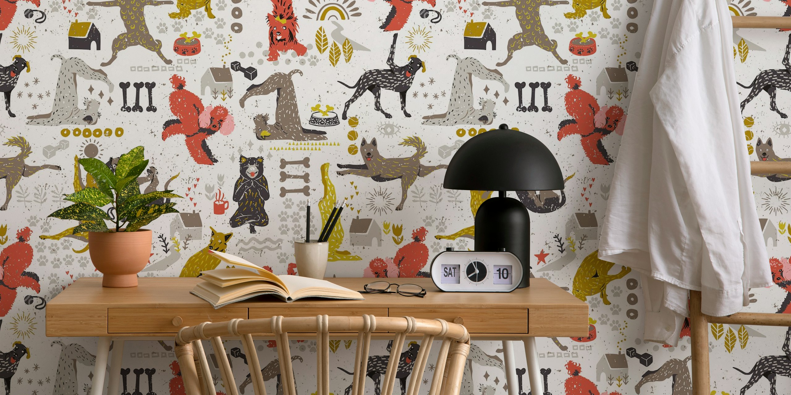 Yoga dogs wallpaper in a cheerful room setting