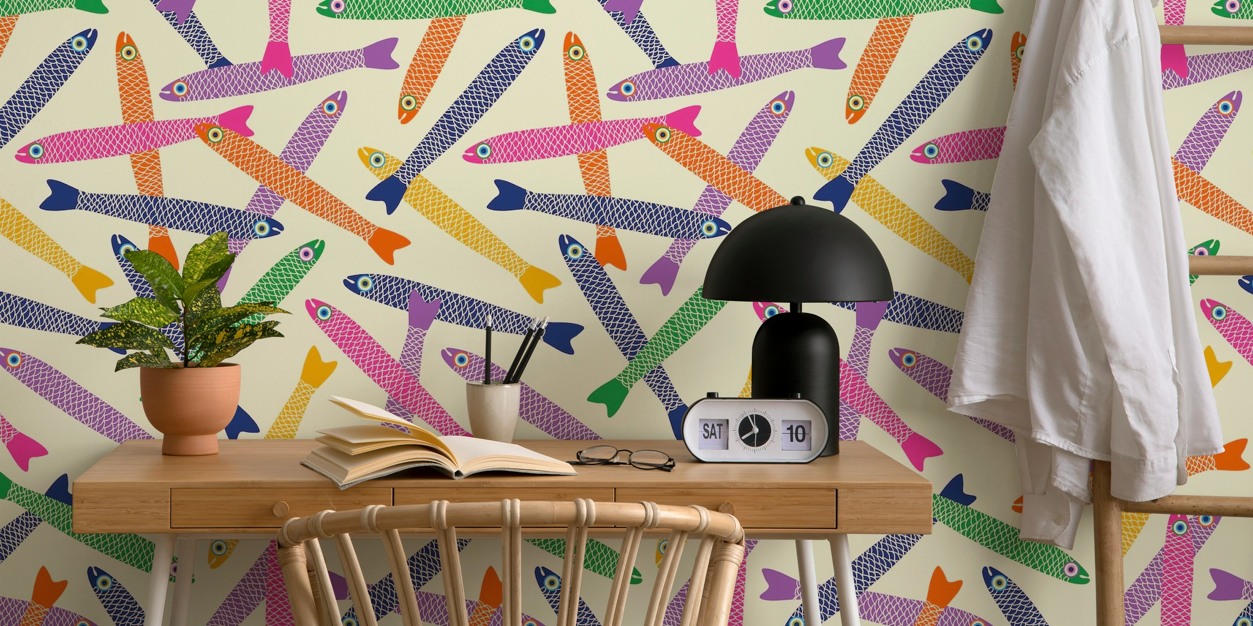Colorful fish pattern in vibrant hues on cream wallpaper