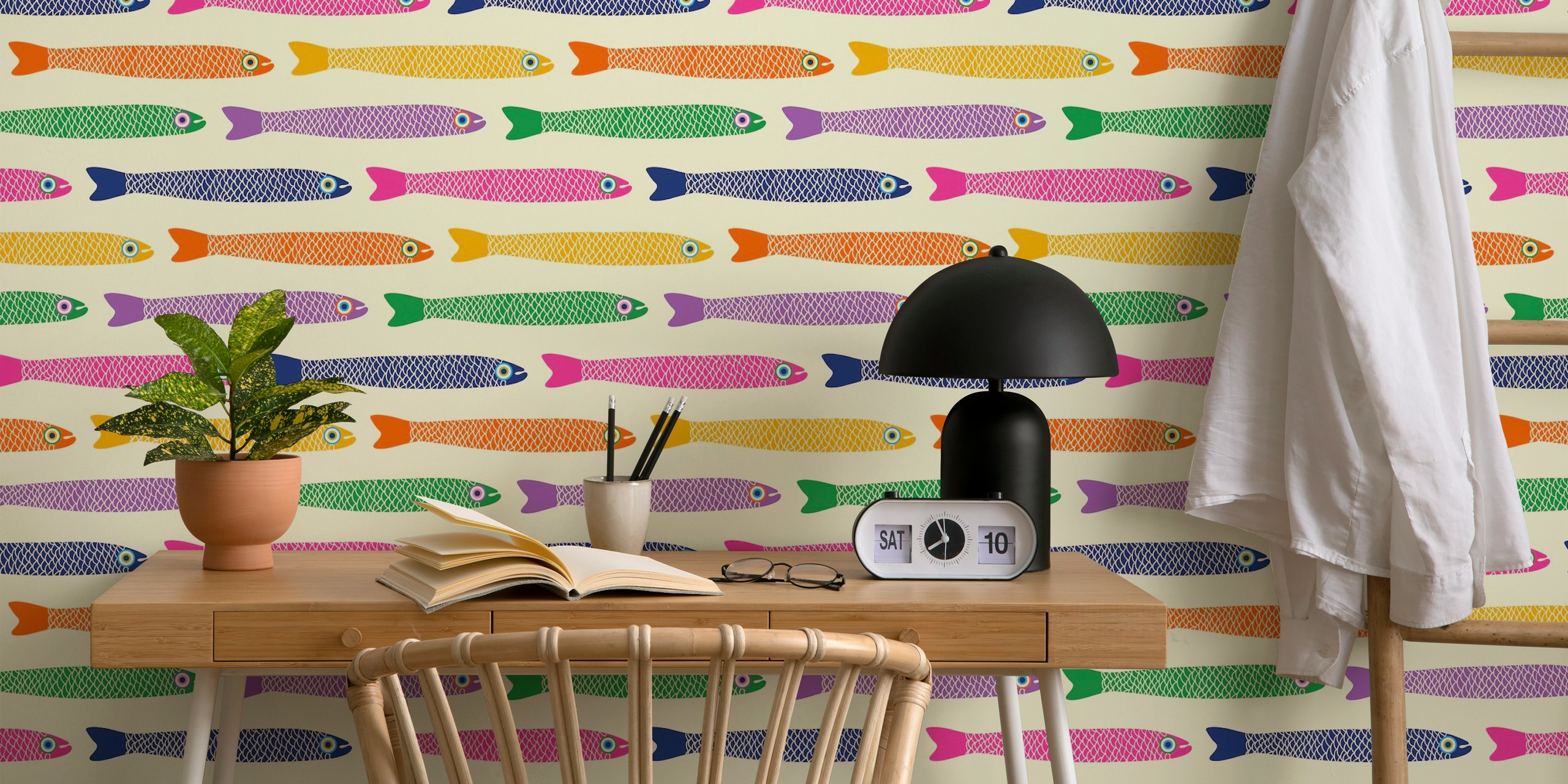 Colorful fish patterns on cream background wallpaper