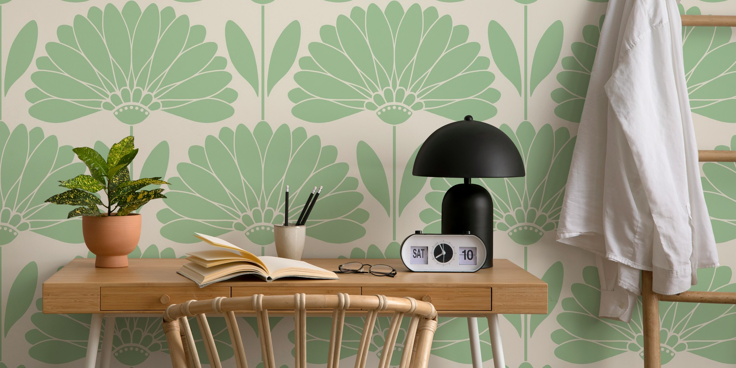 Green floral wallpaper with large beige daisies and leaves