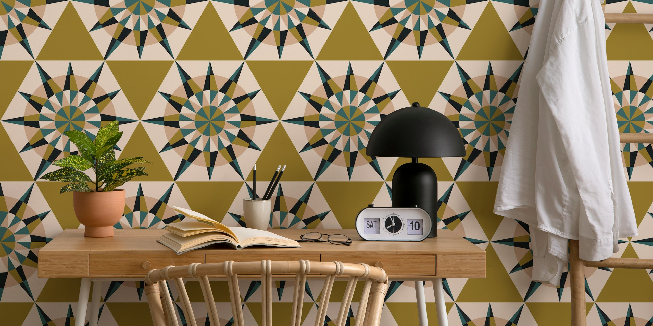 Geometric olive green and black star pattern wallpaper