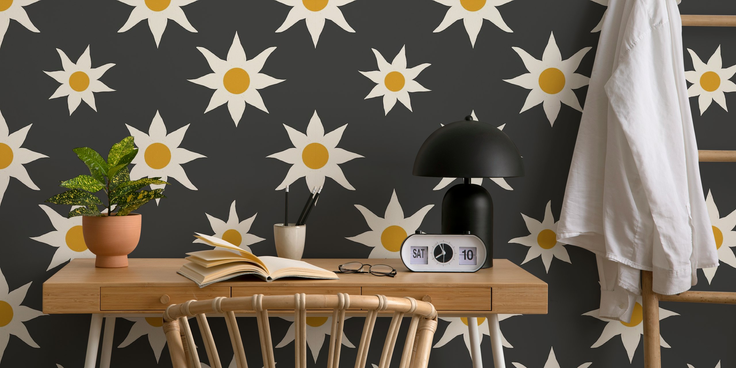 Floral star pattern with charcoal background wallpaper