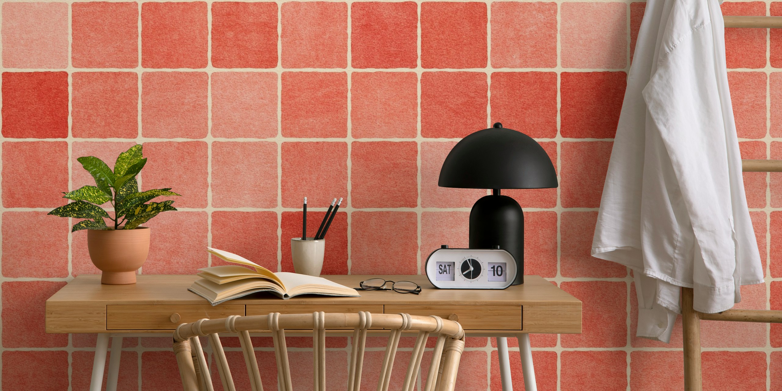 Red mosaic patterned wallpaper featuring small squares