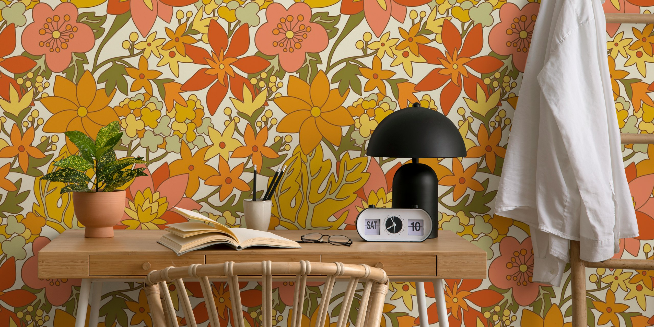 Retro floral wallpaper design displayed in a room