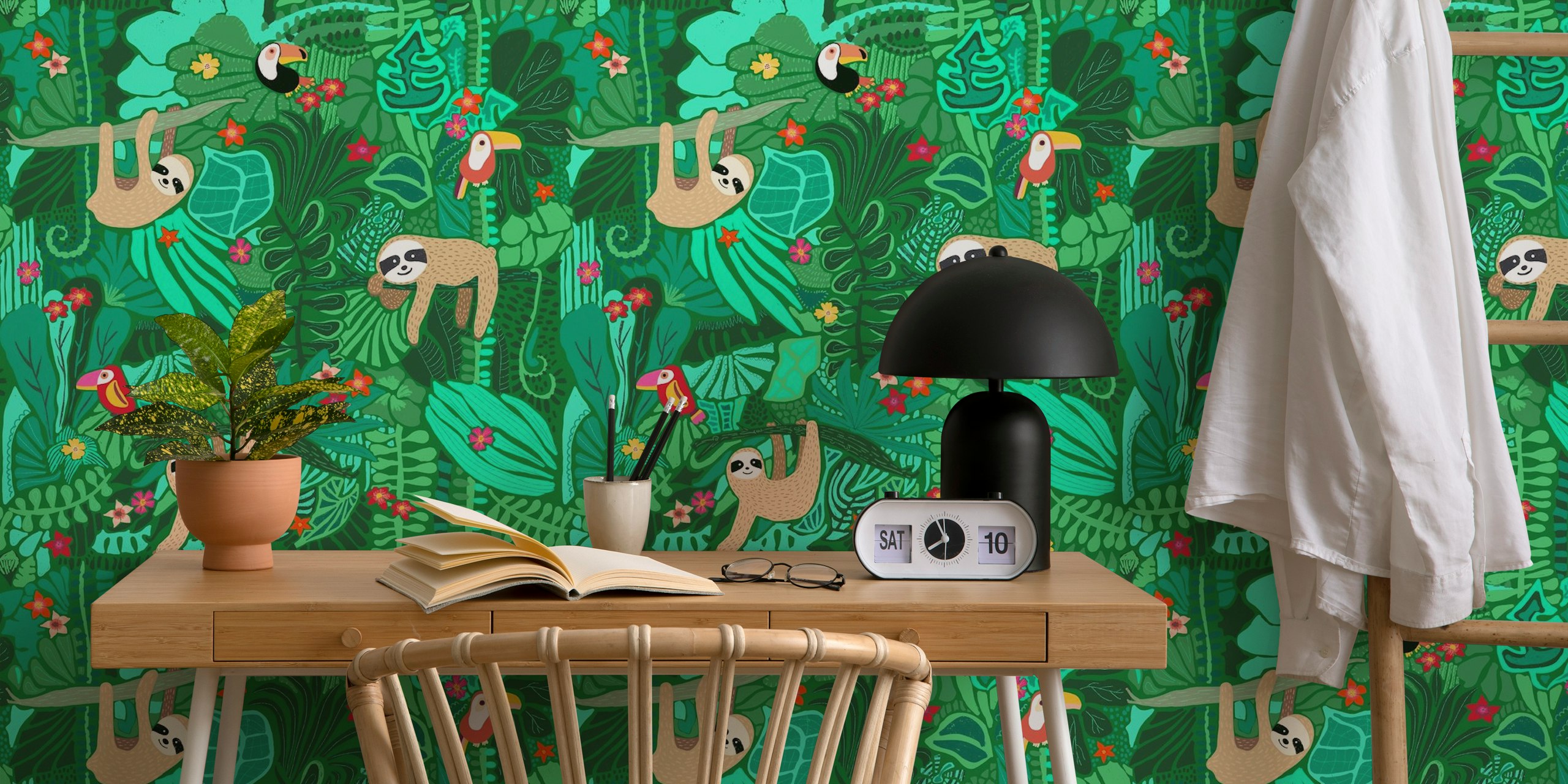 Sloths hanging in green jungle trees with colorful toucans and flowers wallpaper