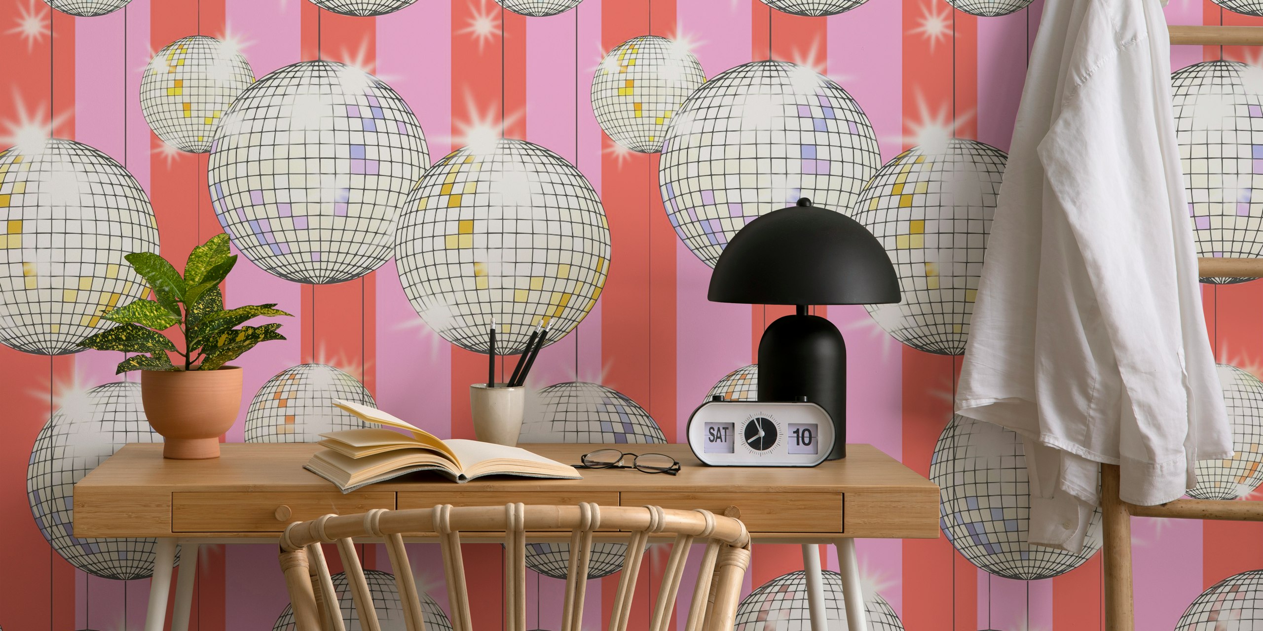 Pink striped wallpaper featuring disco balls in shiny silver