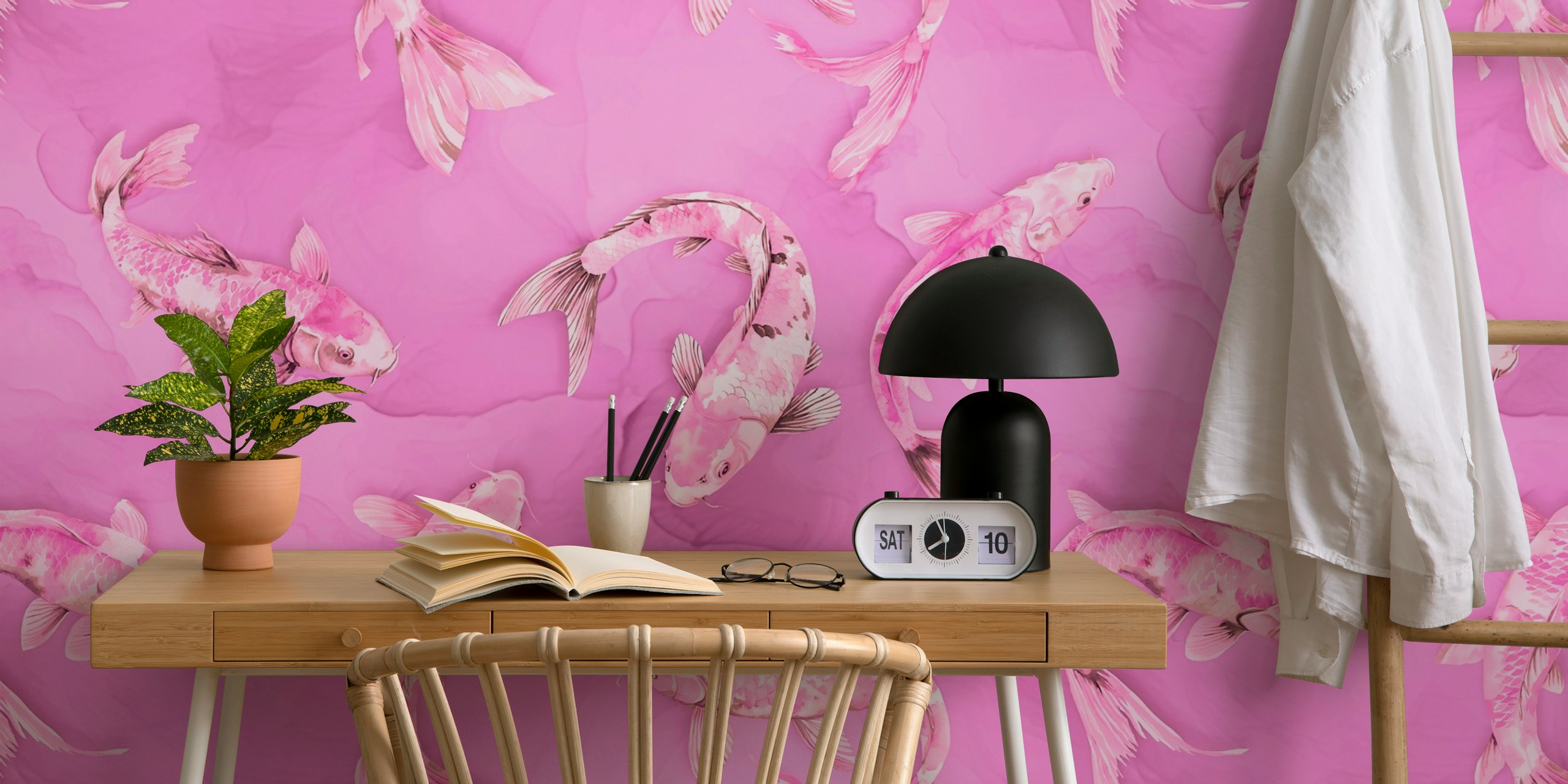 Floating Koi Fish Asia Inspired Pattern Pink in una stanza