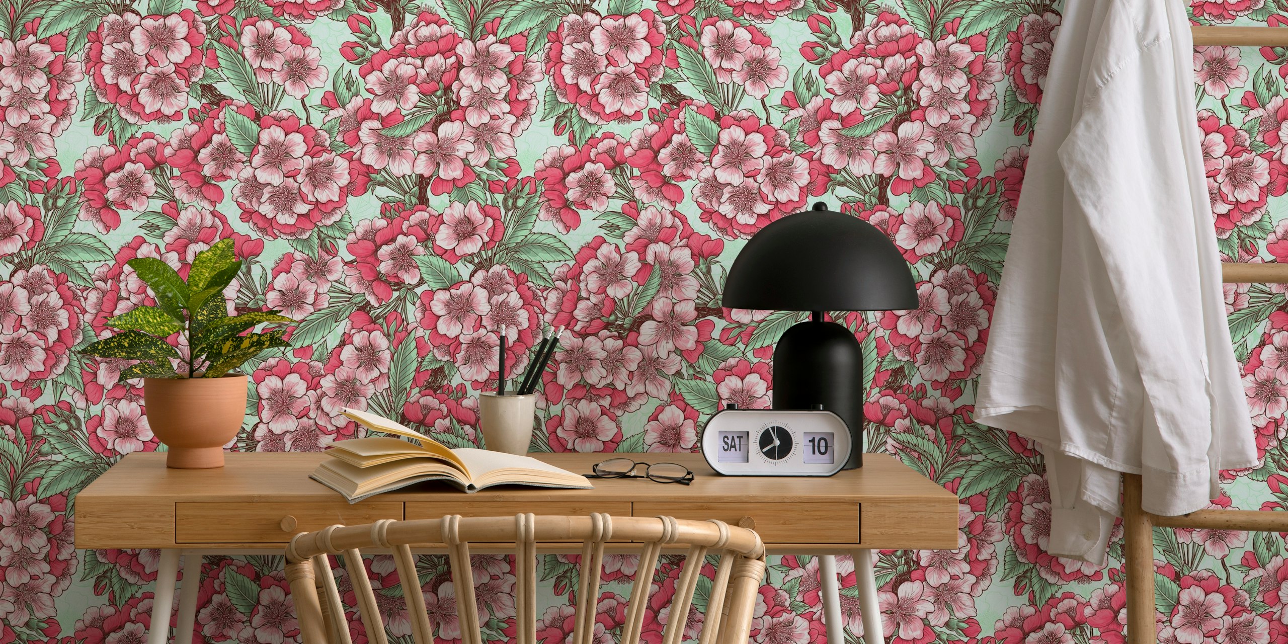 Cherry blossom flowers in pink with green leaves wallpaper