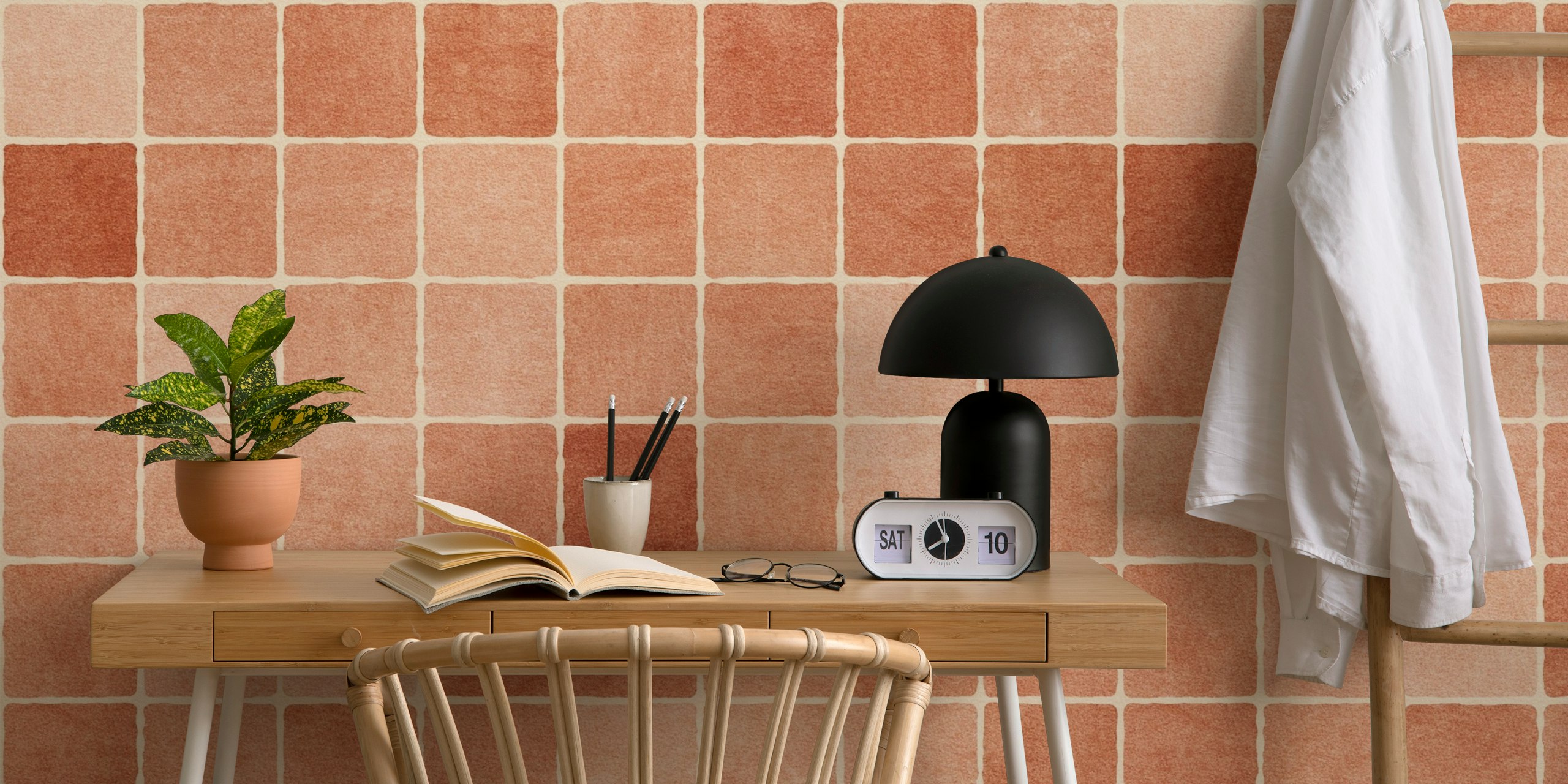 Peach mosaic pattern wallpaper with soft square tiles