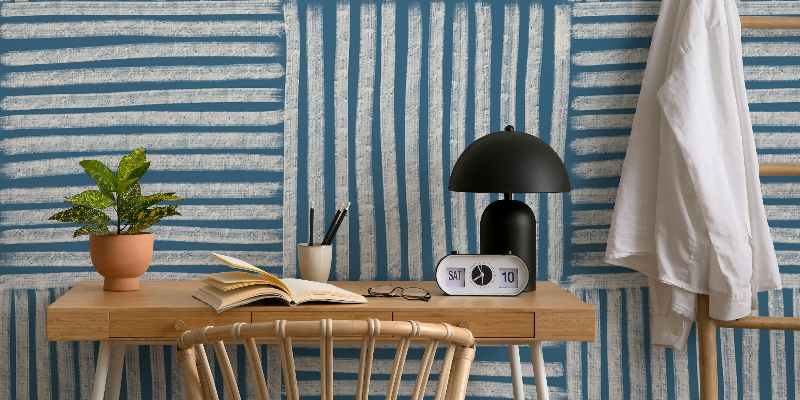 Abstract Modern Boho Lines Denim Blue wallpaper in a room