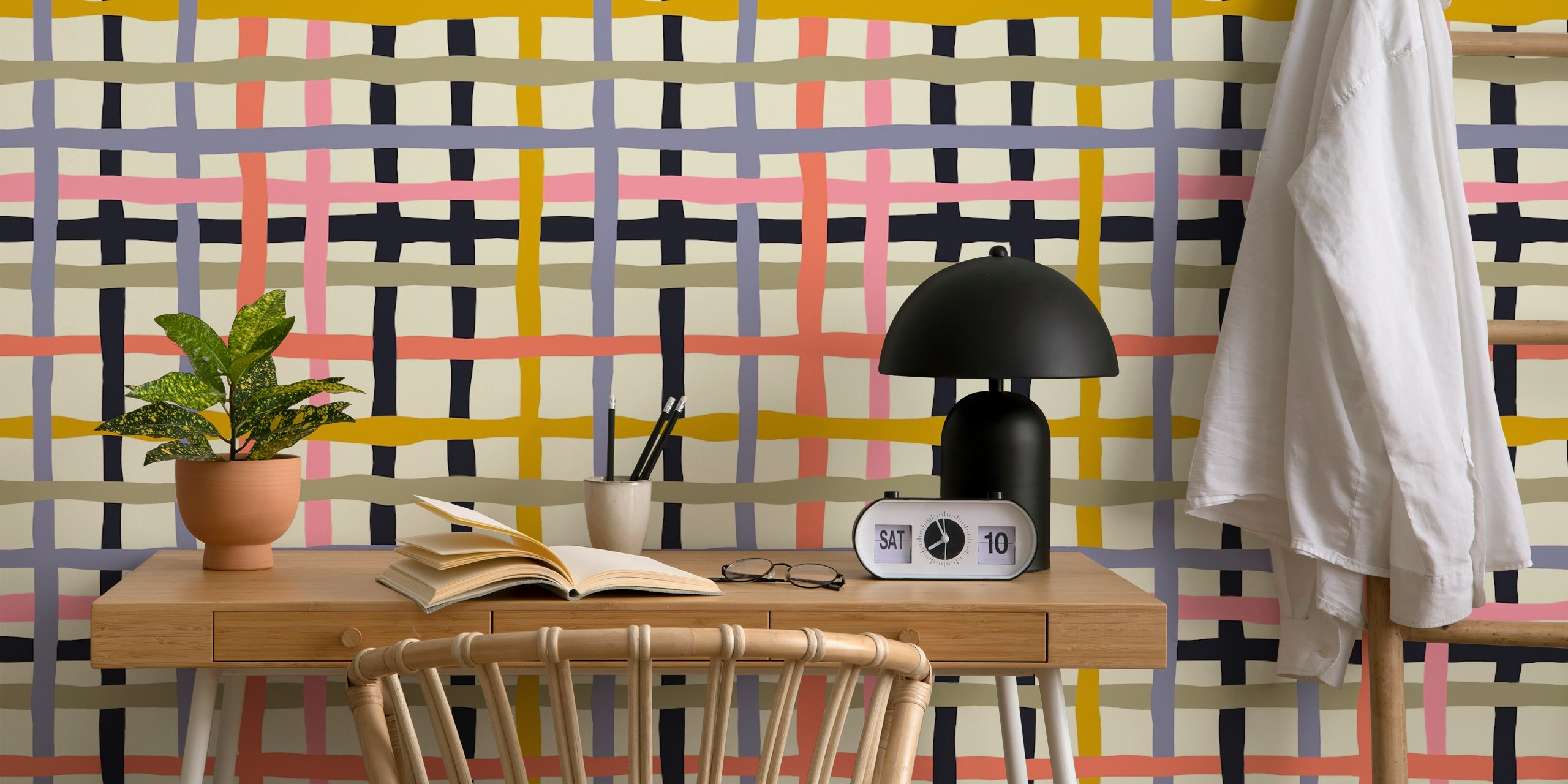 Playful woven checkerboard pattern in cream, pink, blue, and black wallpaper