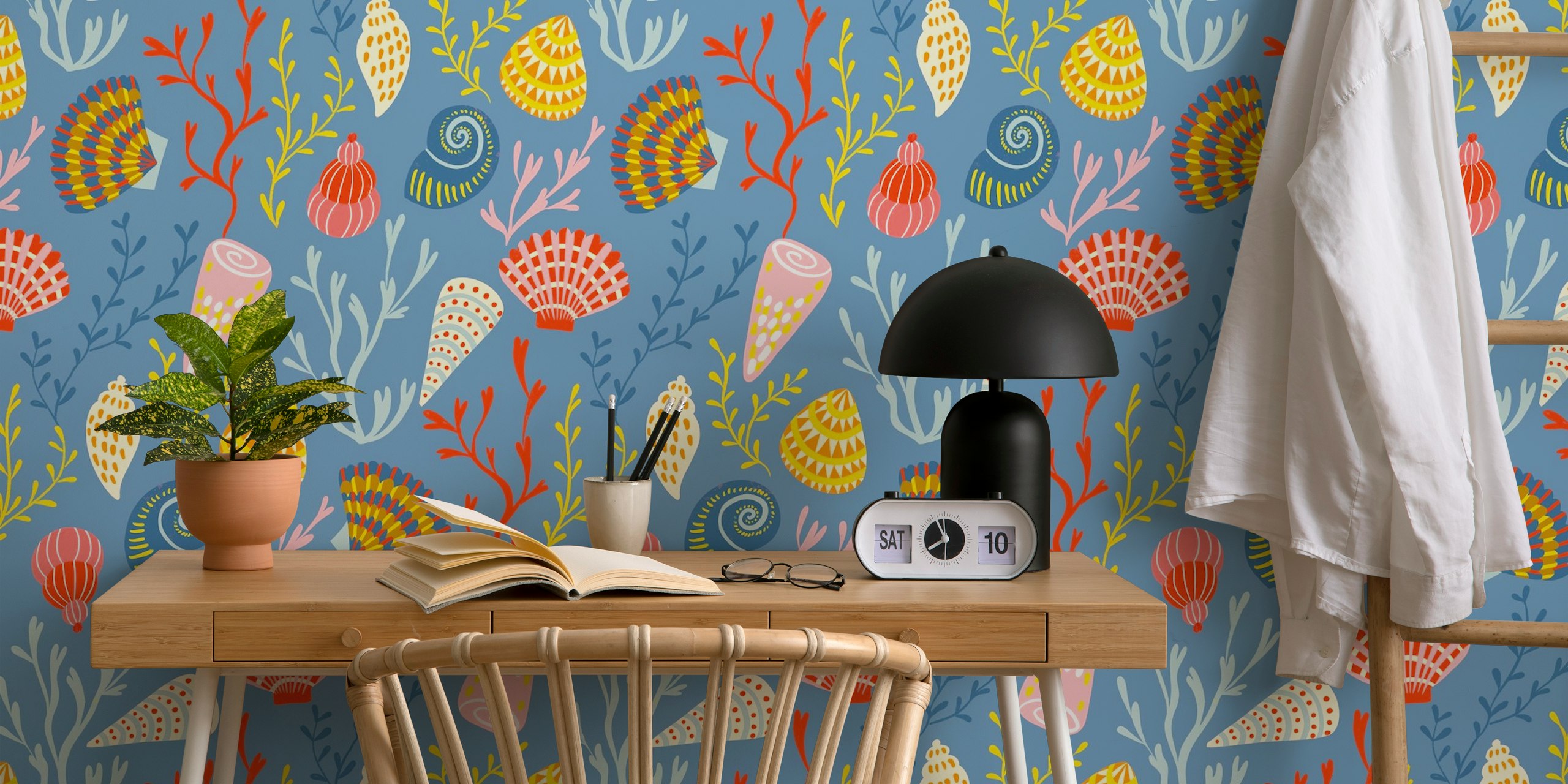 colorful seashells and corals on a blue background wallpaper