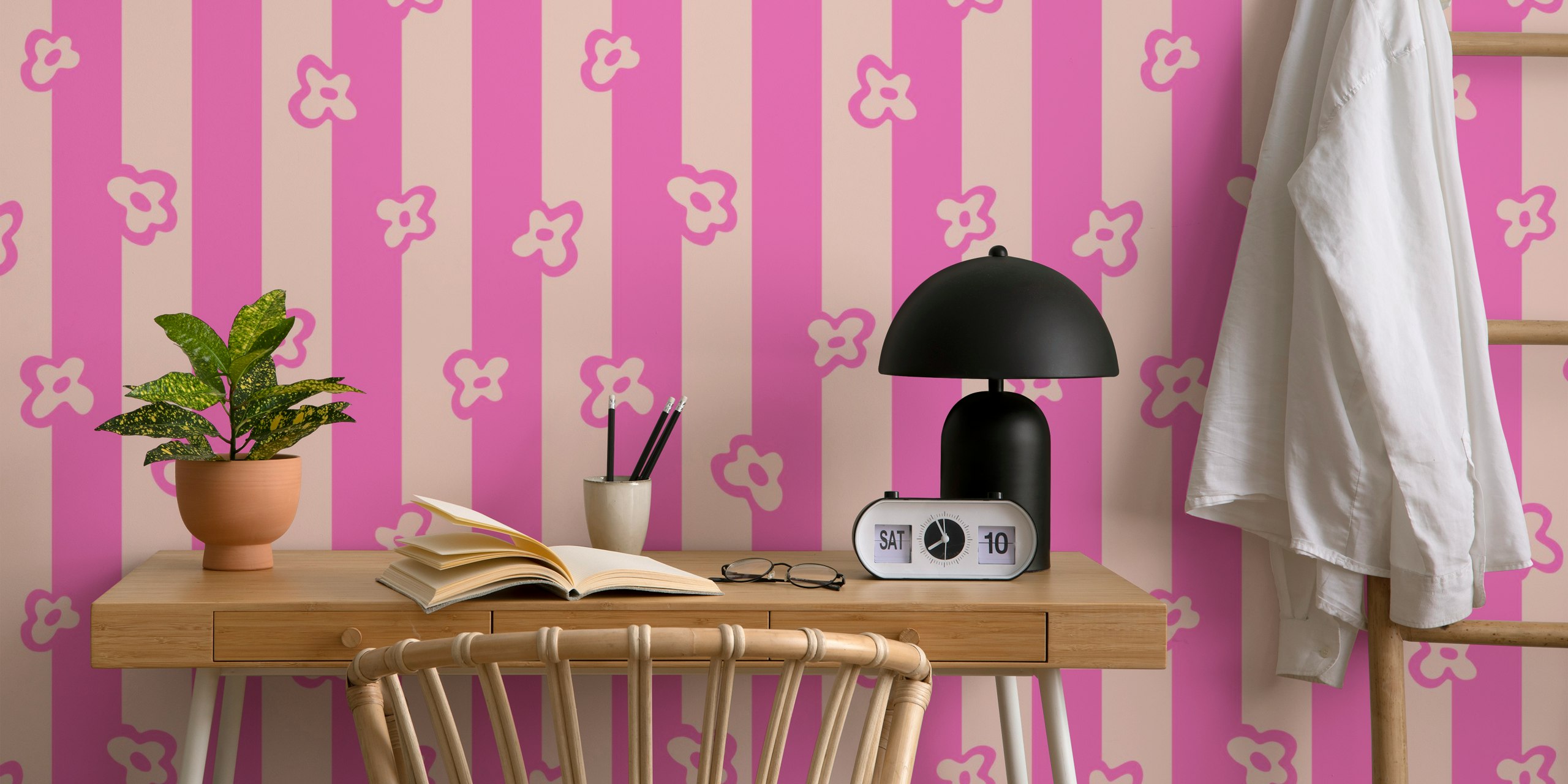 Pink floral stripes wallpaper featuring playful flower patterns