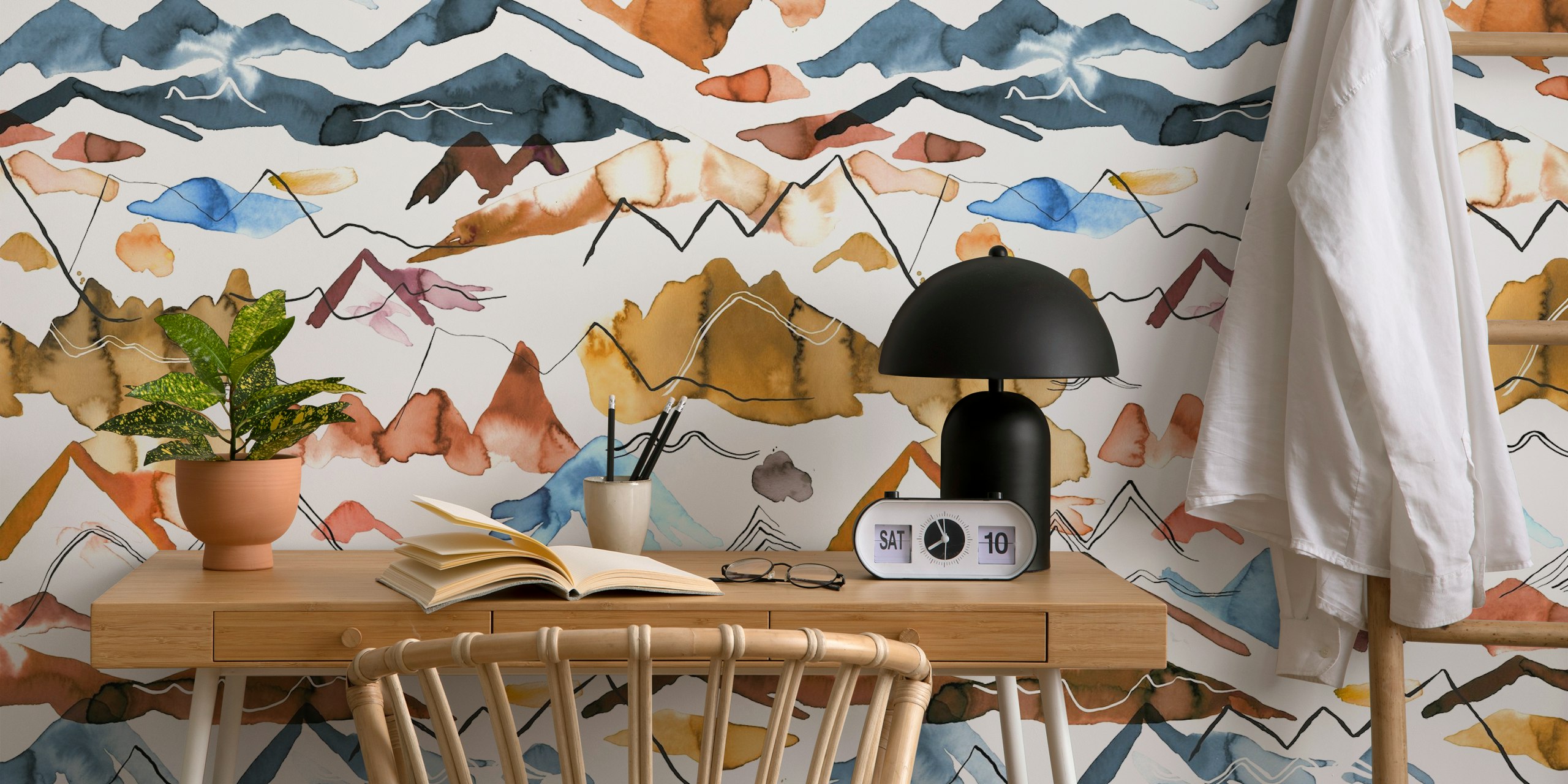 Watercolor wallpaper of western mountains in a room