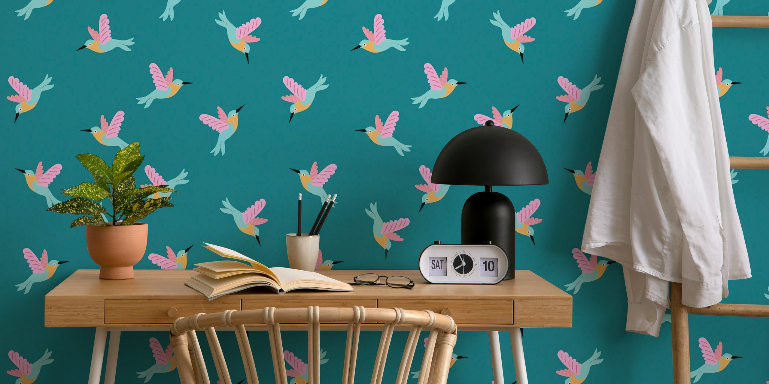 Wallpaper featuring hummingbirds on dark teal