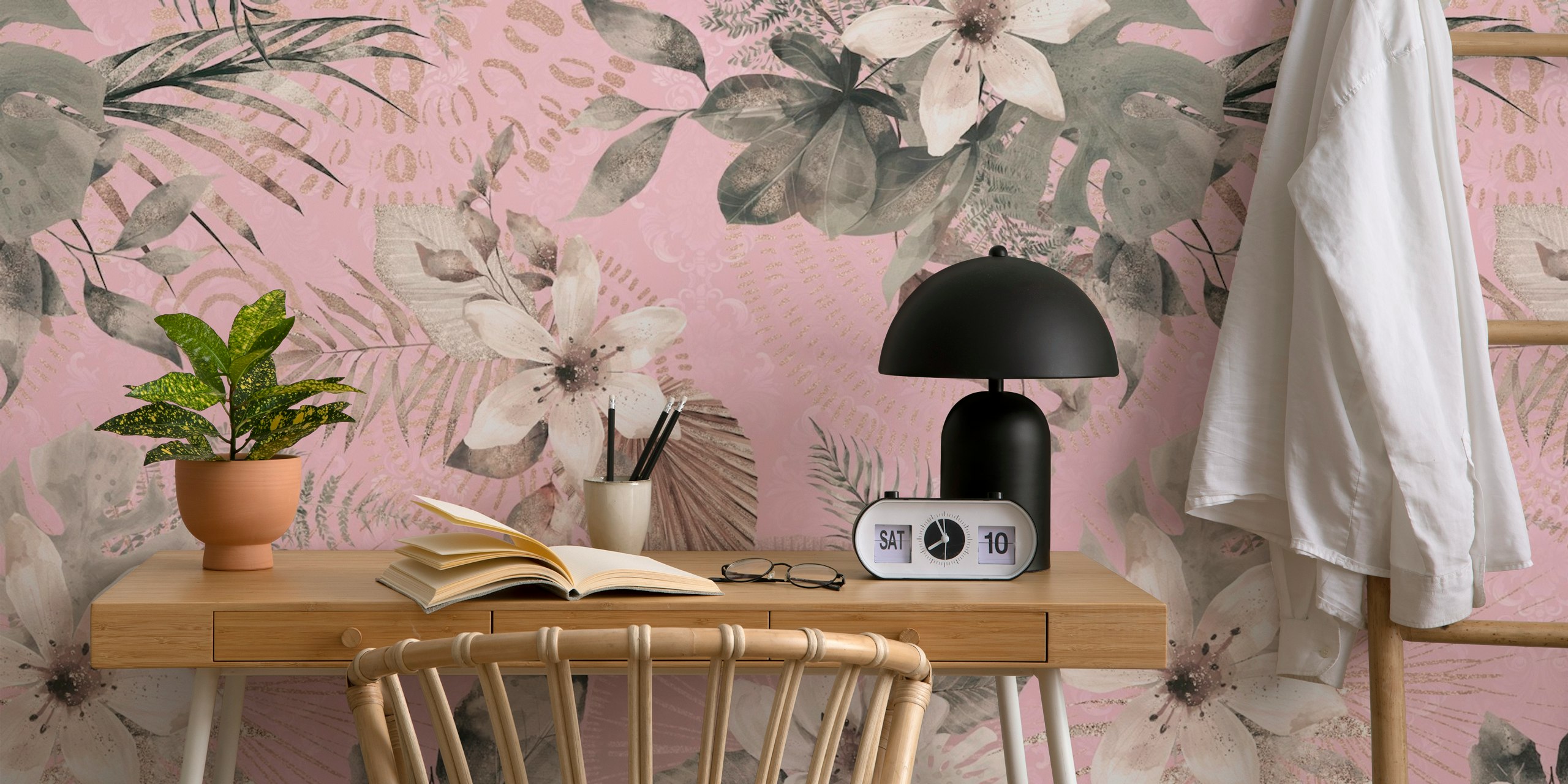 Boho floral pattern with pink background and greenery wallpaper