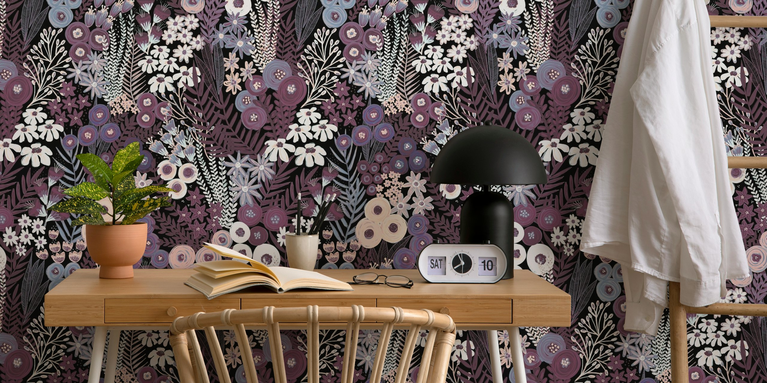 Painterly wildflower meadow wallpaper in a room