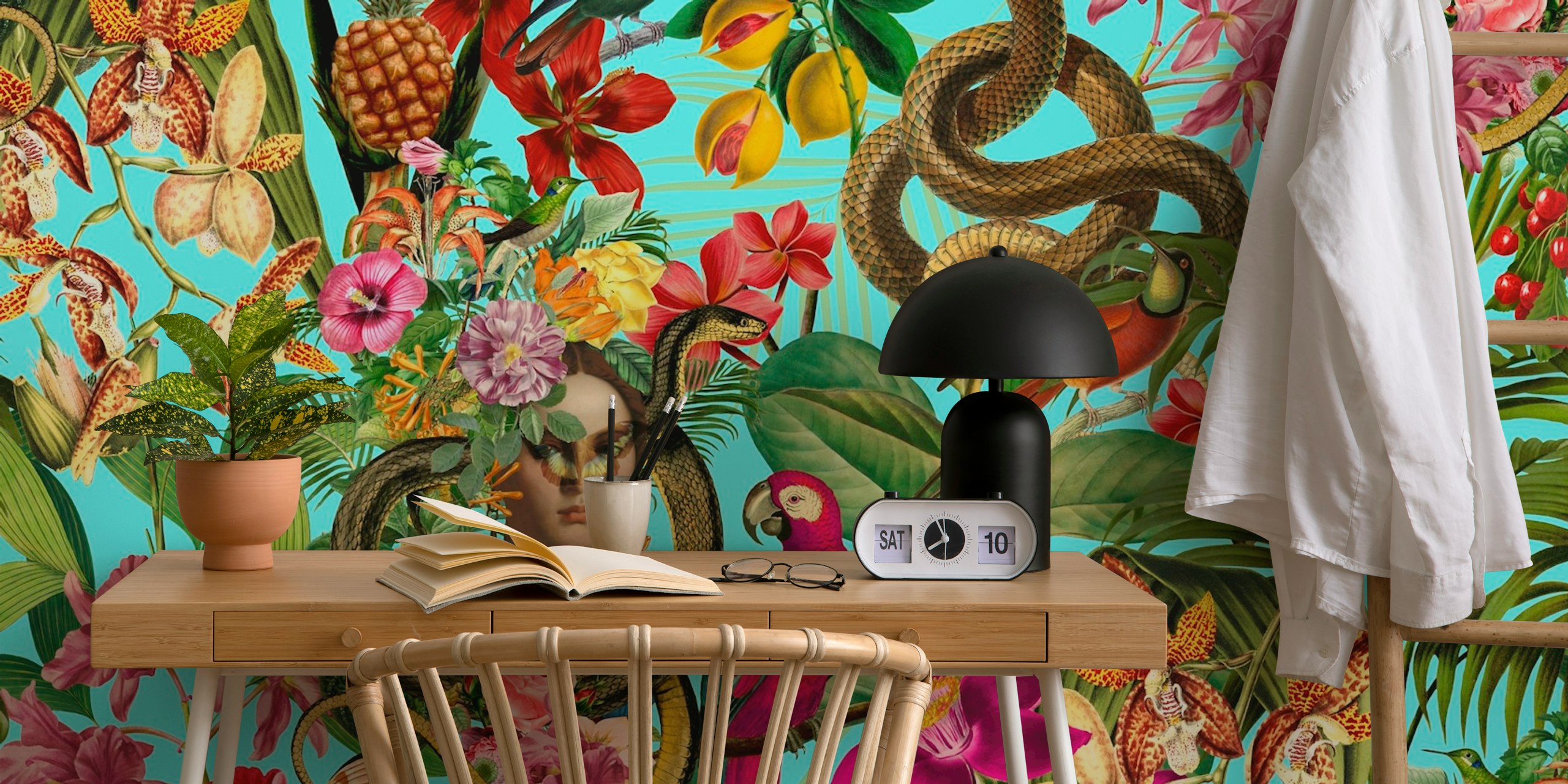 Snake Princess Magic Tropical Garden Teal wallpaper