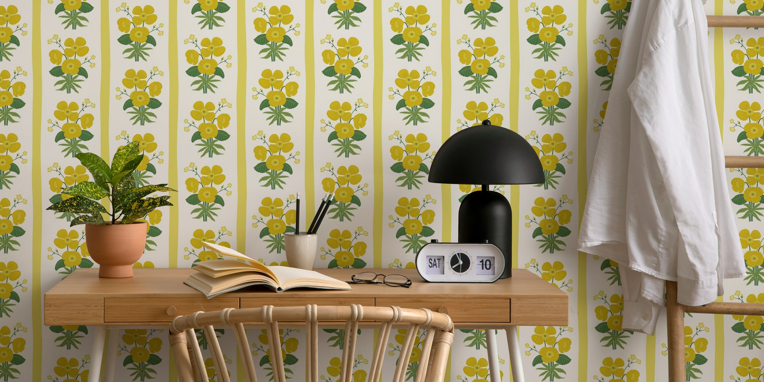 Grandmillennial Poppies Stripe yellow wallpaper in a room