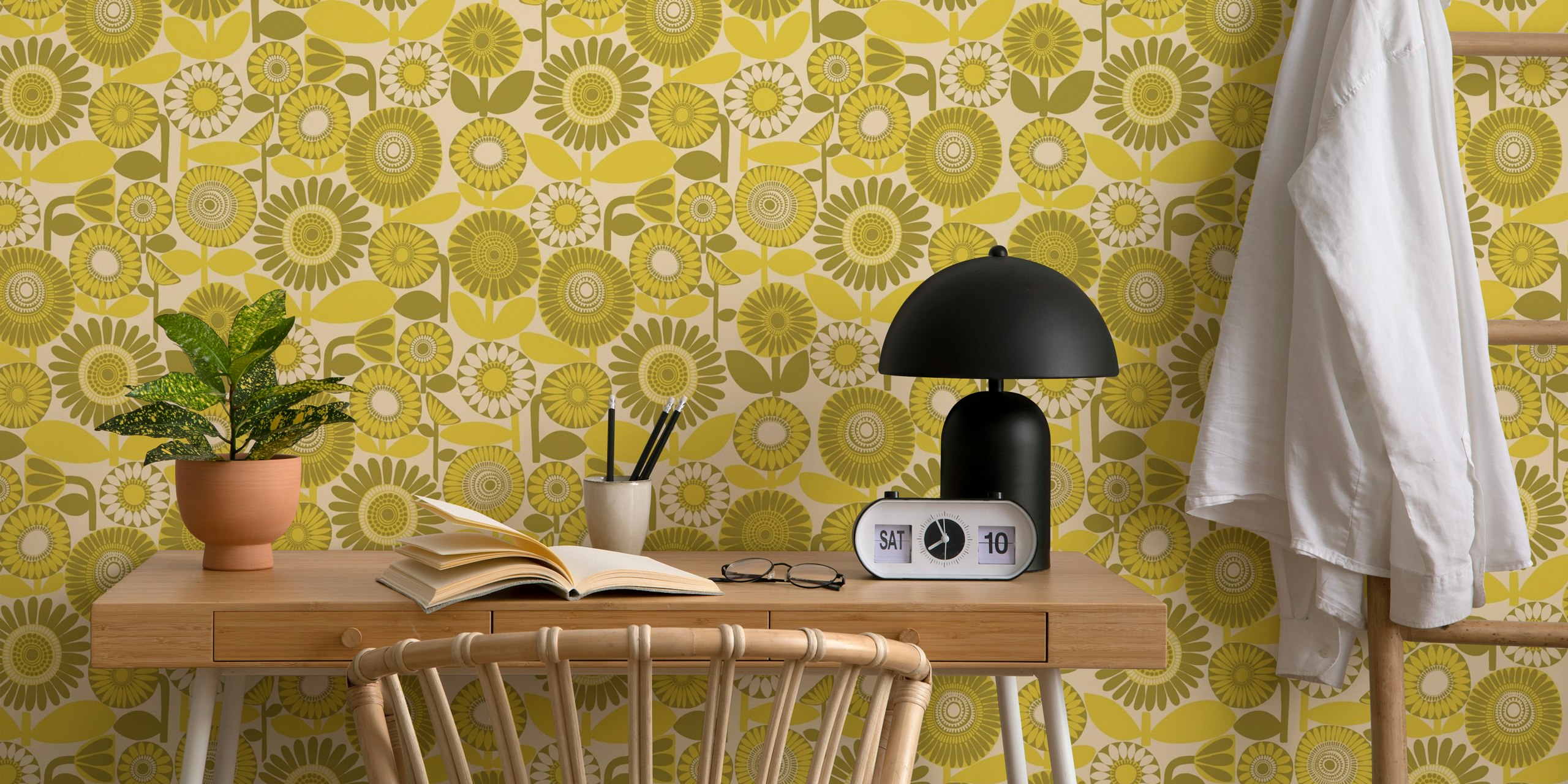 Mustard Scandi sunflower meadow wallpaper in a room
